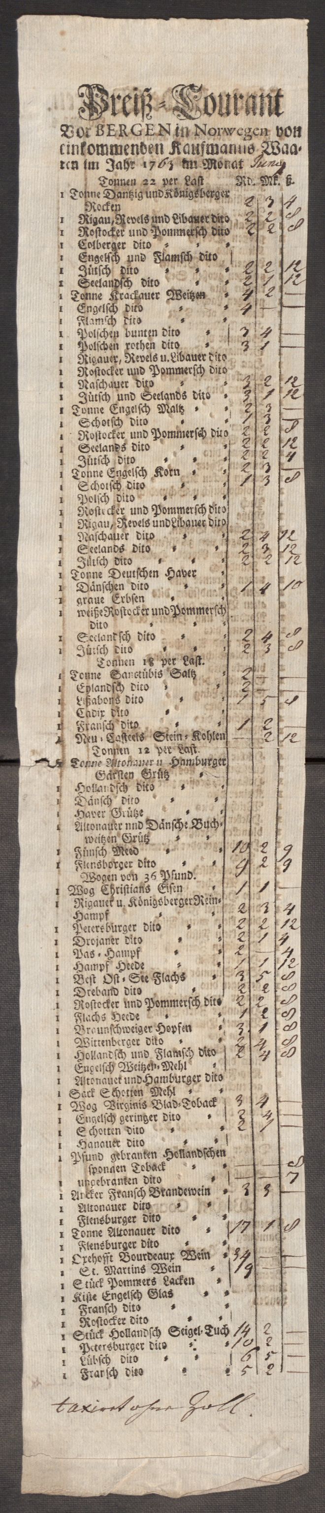 Rentekammeret inntil 1814, Realistisk ordnet avdeling, AV/RA-EA-4070/Oe/L0009: [Ø1]: Nordafjelske priskuranter, 1759-1768, p. 182