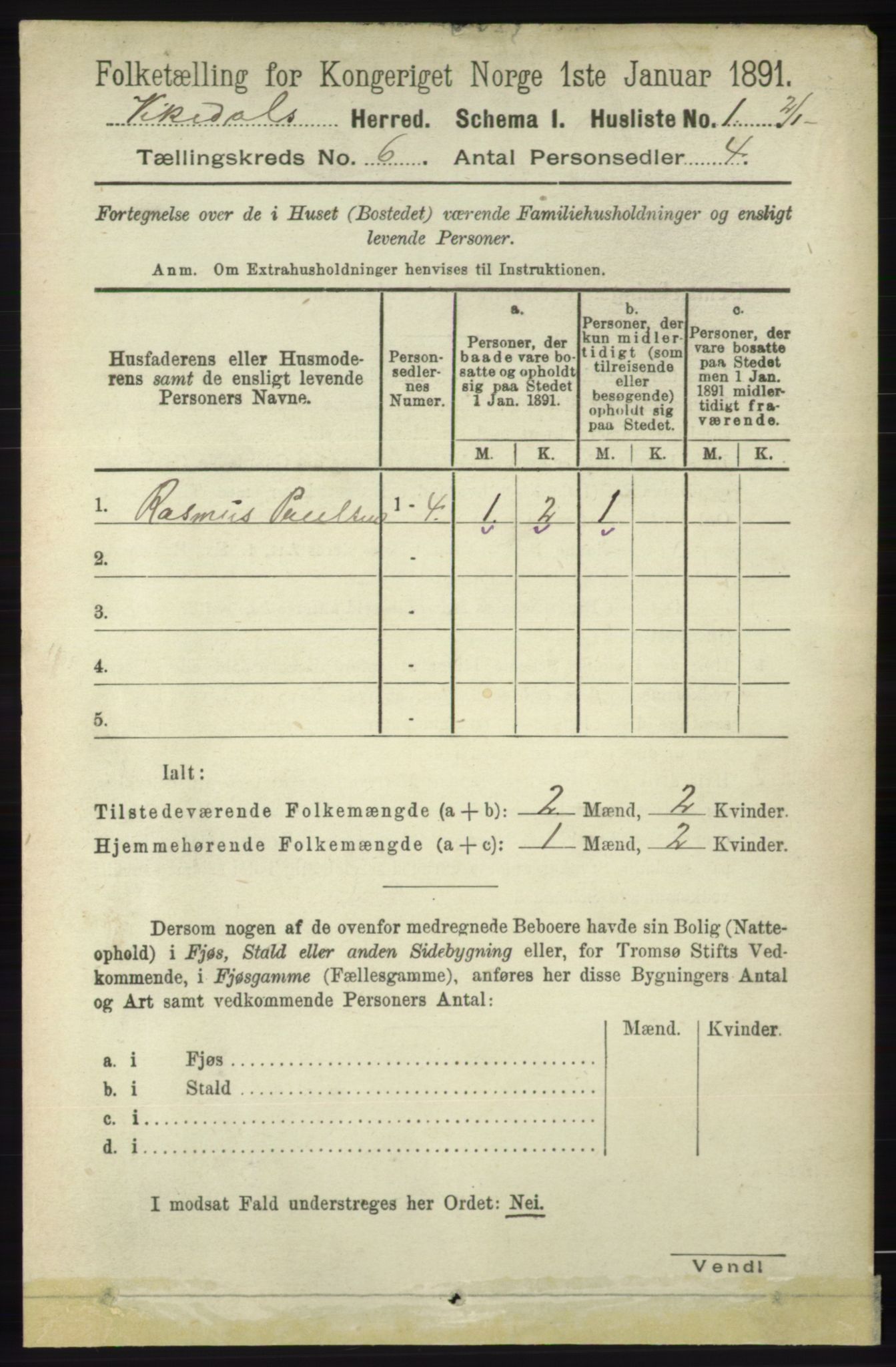 RA, 1891 census for 1157 Vikedal, 1891, p. 1491