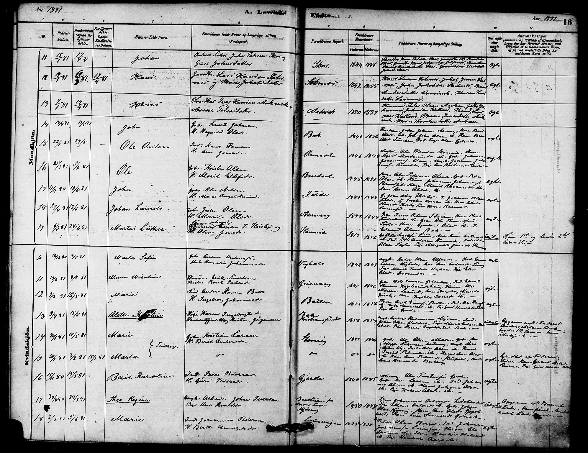 Ministerialprotokoller, klokkerbøker og fødselsregistre - Møre og Romsdal, AV/SAT-A-1454/578/L0906: Parish register (official) no. 578A05, 1878-1886, p. 16