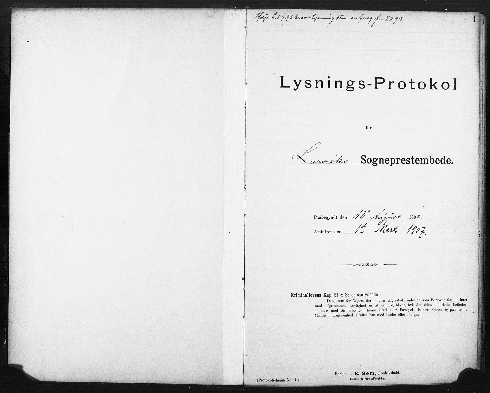 Larvik kirkebøker, AV/SAKO-A-352/H/Ha/L0002: Banns register no. 2, 1892-1907, p. 1