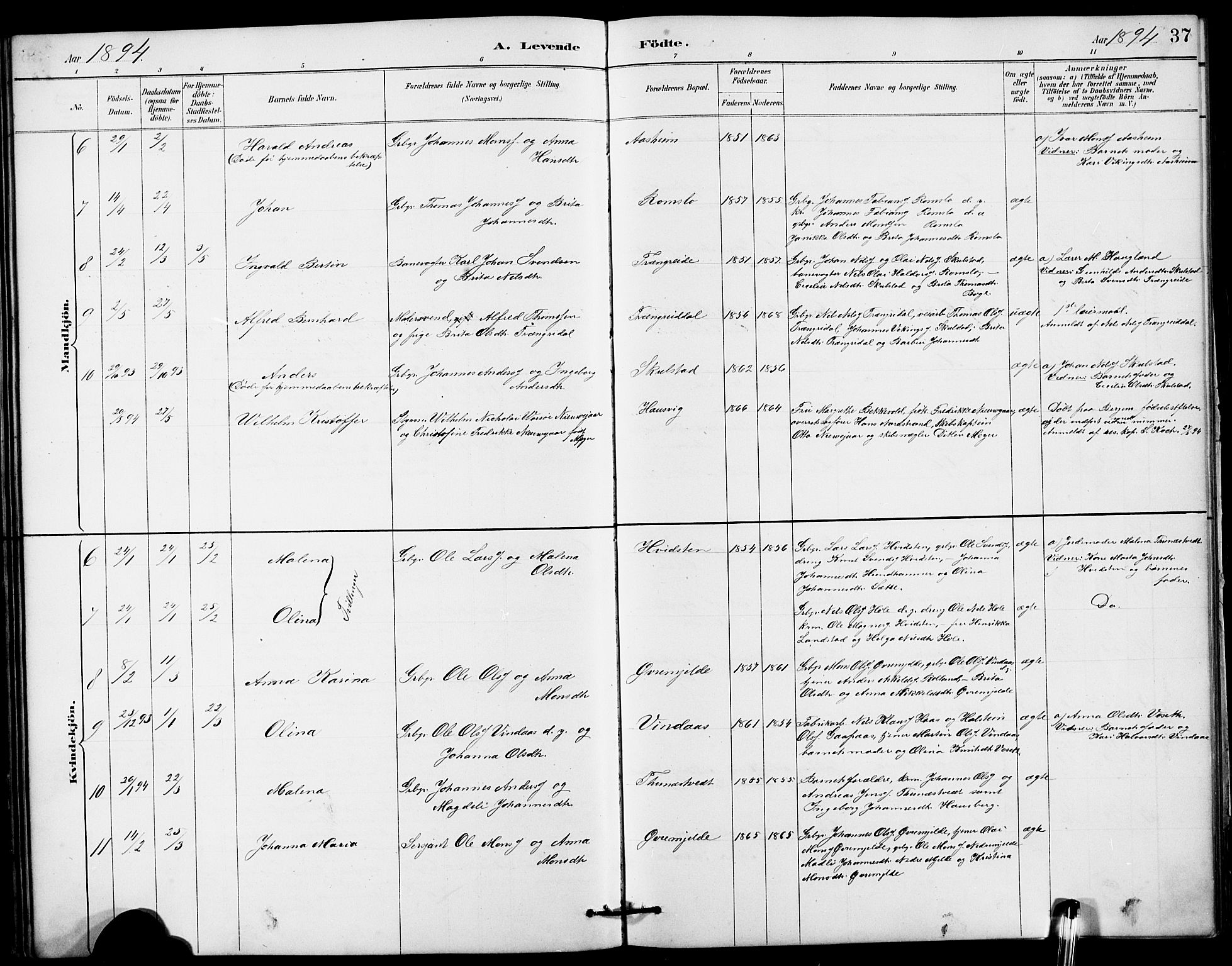 Haus sokneprestembete, SAB/A-75601/H/Hab: Parish register (copy) no. B 3, 1885-1899, p. 37