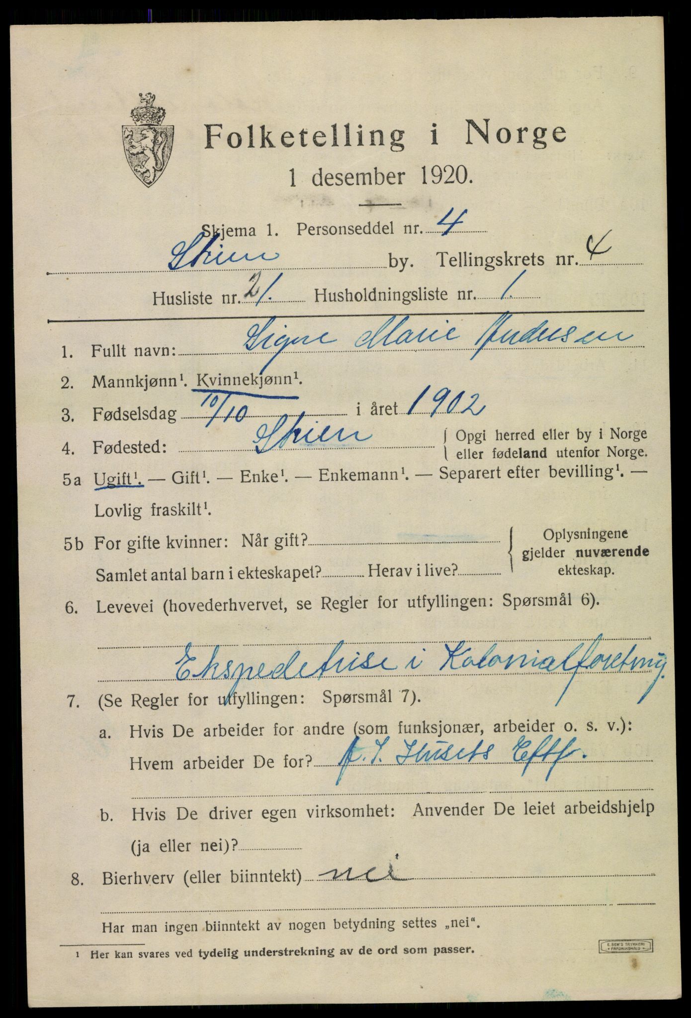 SAKO, 1920 census for Skien, 1920, p. 16948