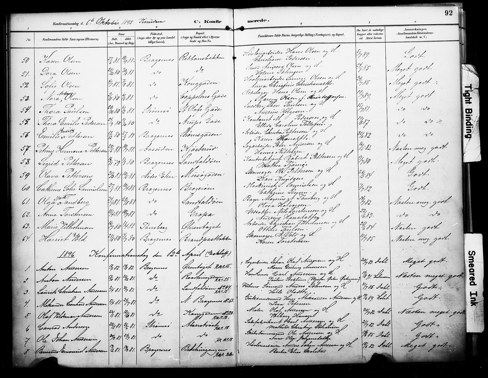 Bragernes kirkebøker, SAKO/A-6/F/Fc/L0006: Parish register (official) no. III 6, 1888-1899, p. 92