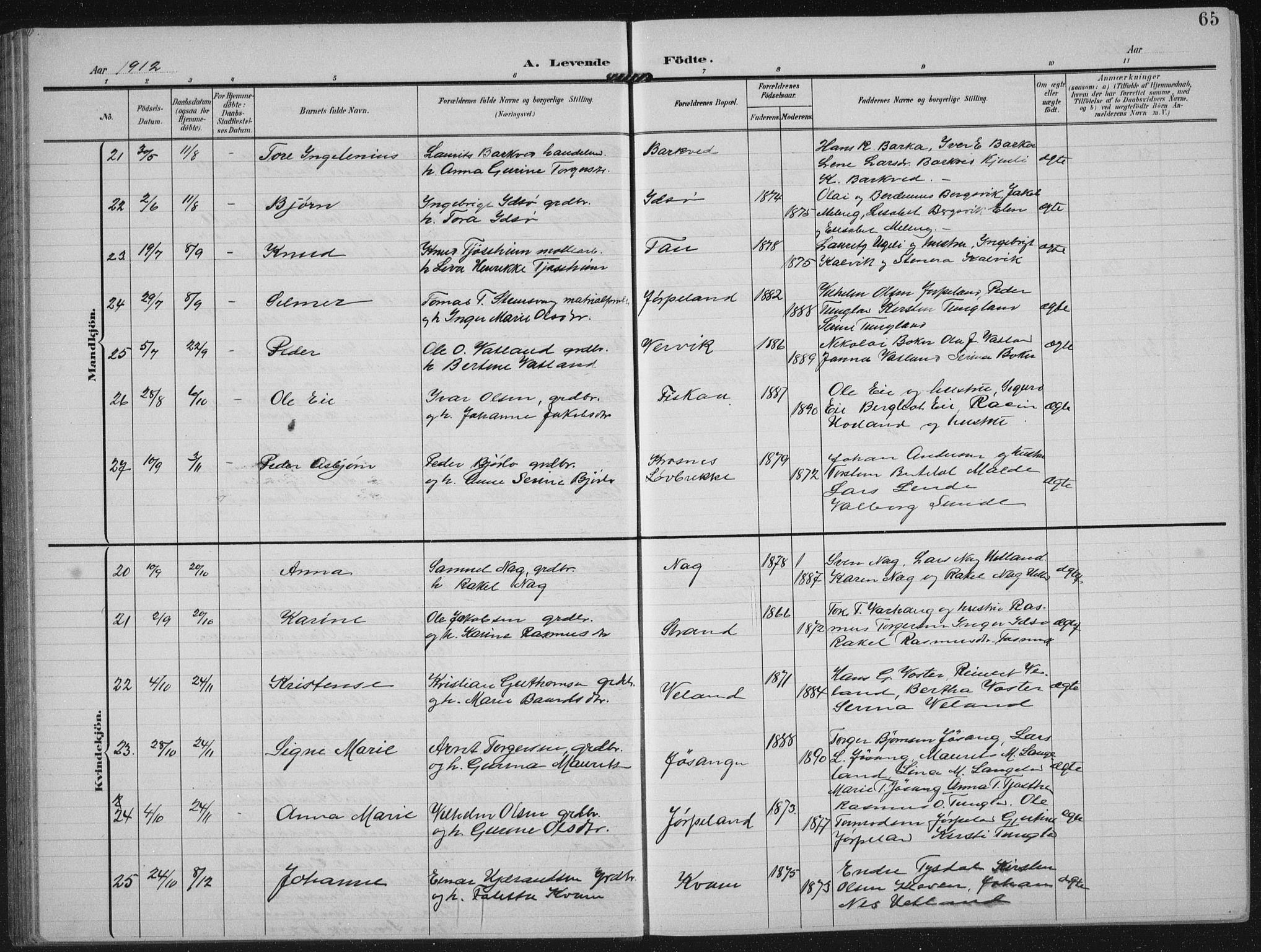 Strand sokneprestkontor, AV/SAST-A-101828/H/Ha/Hab/L0005: Parish register (copy) no. B 5, 1904-1934, p. 65