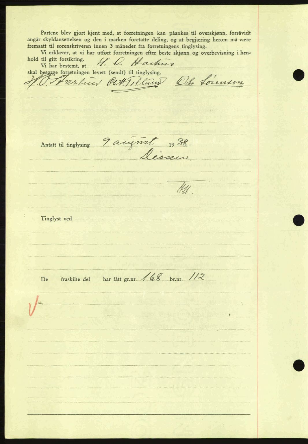 Nes tingrett, SAO/A-10548/G/Gb/Gbb/L0006: Mortgage book no. 50, 1938-1938, Diary no: : 1106/1938
