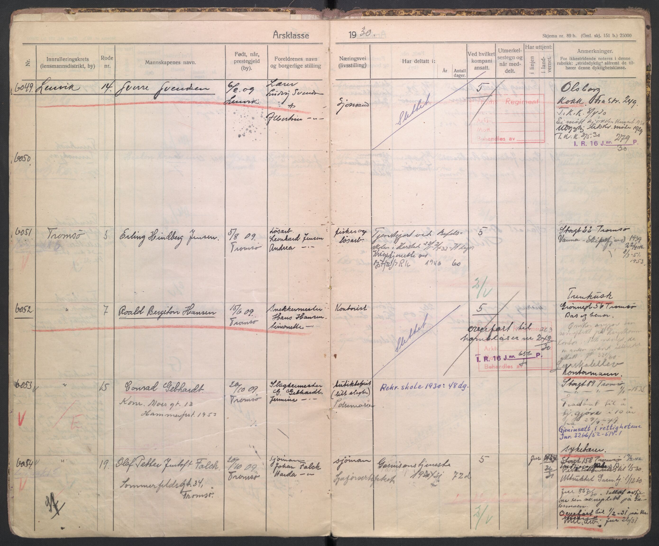 Forsvaret, Troms infanteriregiment nr. 16, AV/RA-RAFA-3146/P/Pa/L0005/0004: Ruller / Rulle for regimentets ikke-stridende menige mannskaper, årsklasse 1930, 1930