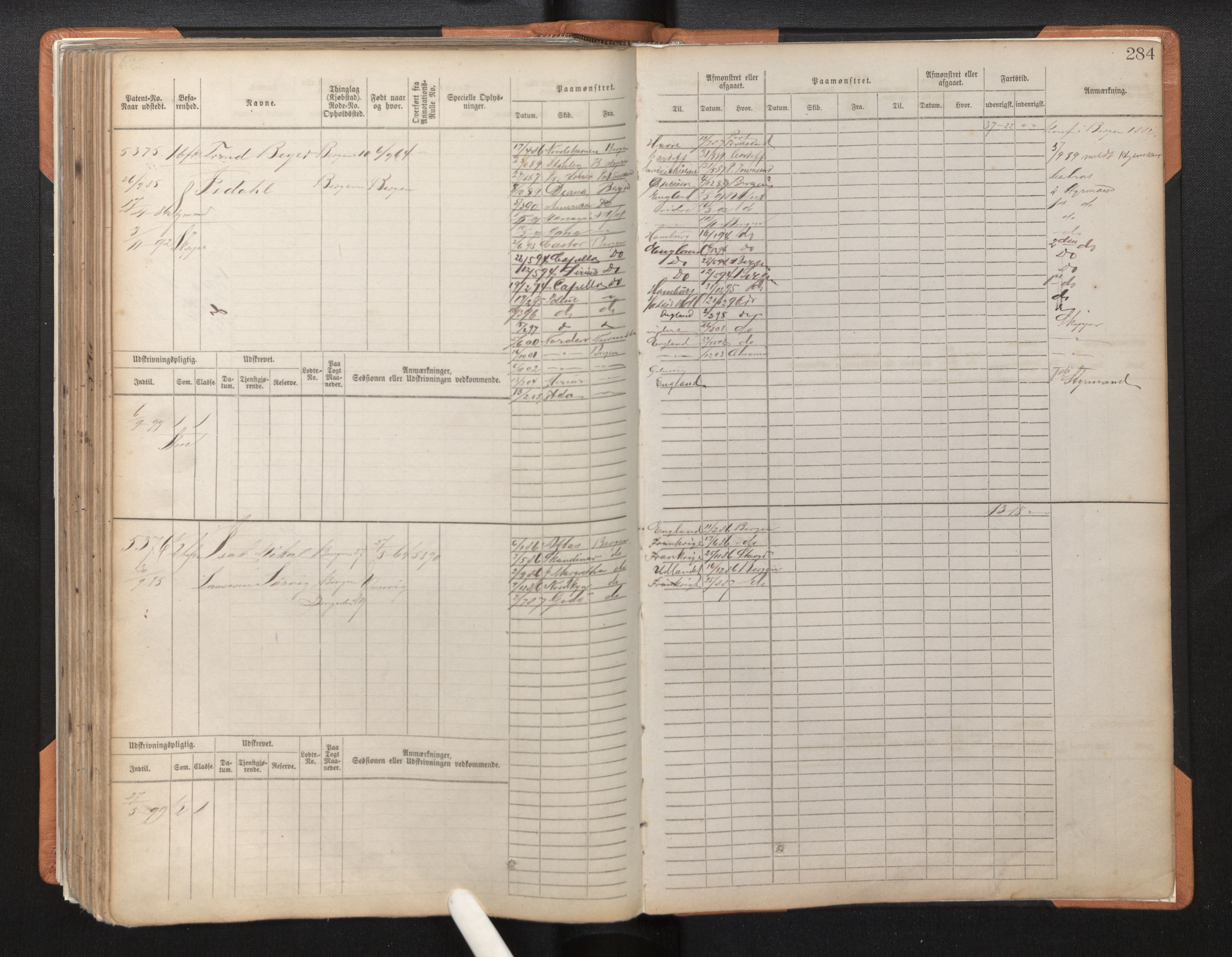 Innrulleringssjefen i Bergen, AV/SAB-A-100050/F/Fc/L0008: Sjøfartshovedrulle, nr. 4805 - 5390, 1882-1889, p. 284