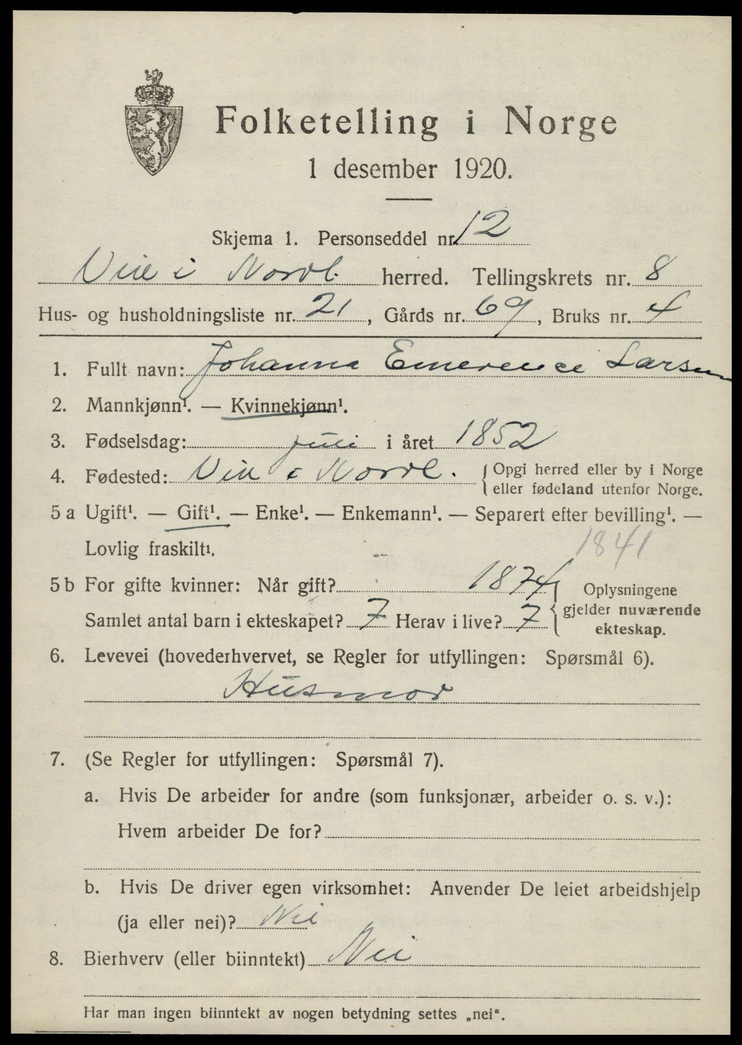 SAT, 1920 census for Vik, 1920, p. 5477