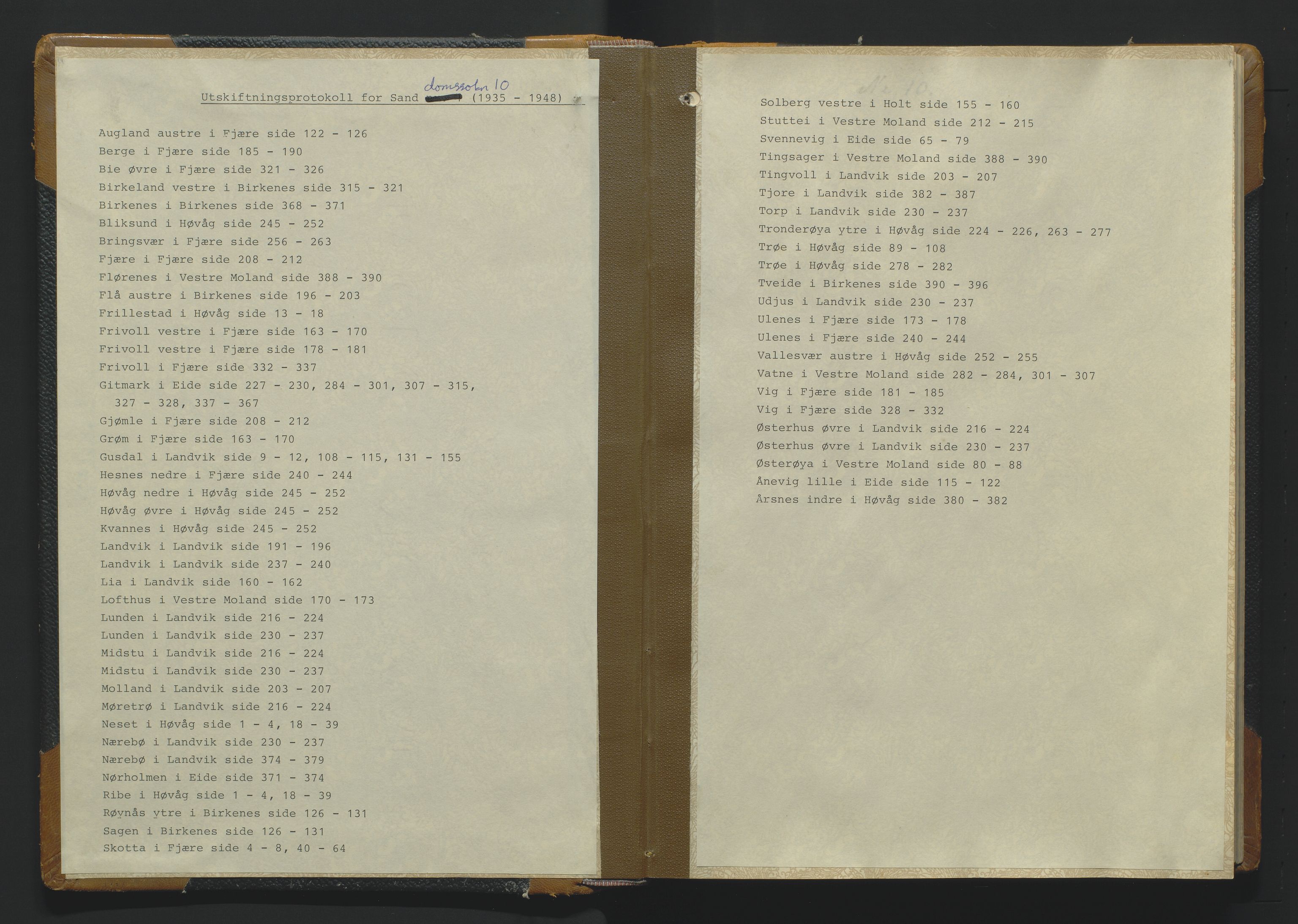 Utskiftningsformannen i Nedenes amt, AV/SAK-1541-0002/F/Fa/Fac/L0008: Jordskifteprotokoll med register, Sand domssokn nr 10, 1935-1948