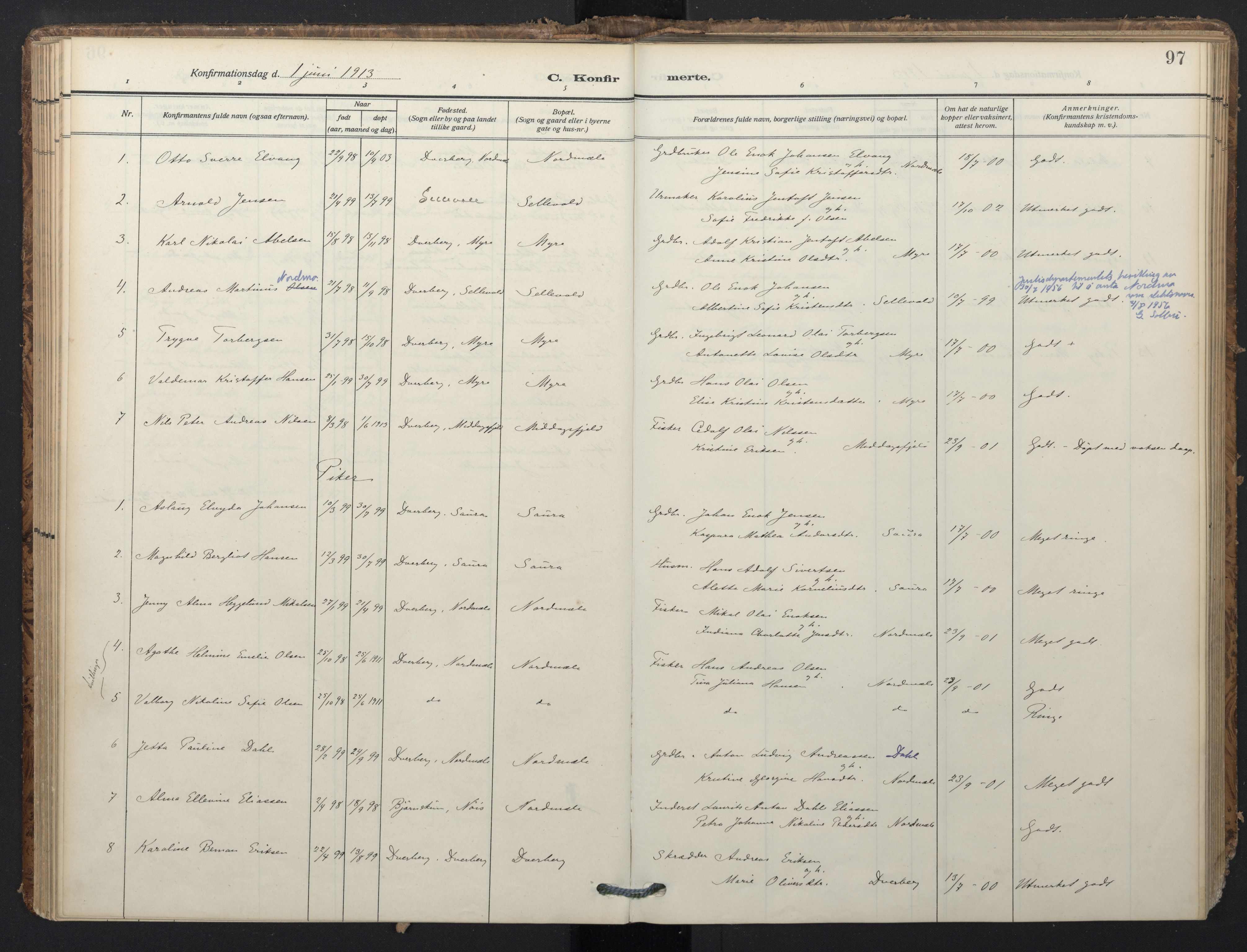 Ministerialprotokoller, klokkerbøker og fødselsregistre - Nordland, SAT/A-1459/897/L1401: Parish register (official) no. 897A08, 1909-1921, p. 97