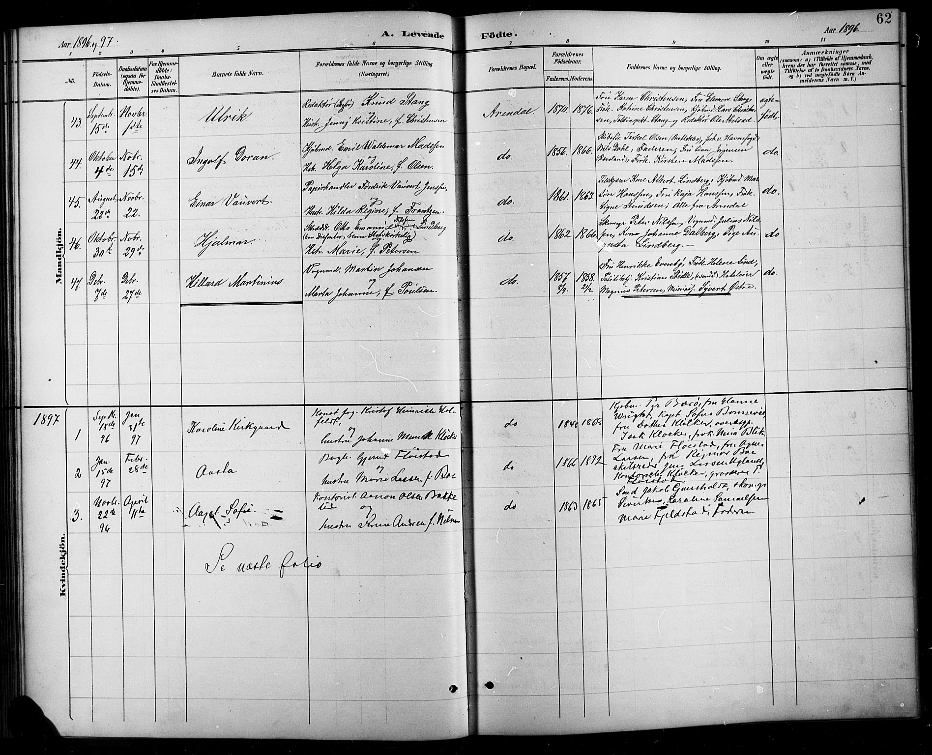 Arendal sokneprestkontor, Trefoldighet, SAK/1111-0040/F/Fb/L0006: Parish register (copy) no. B 6, 1889-1916, p. 62