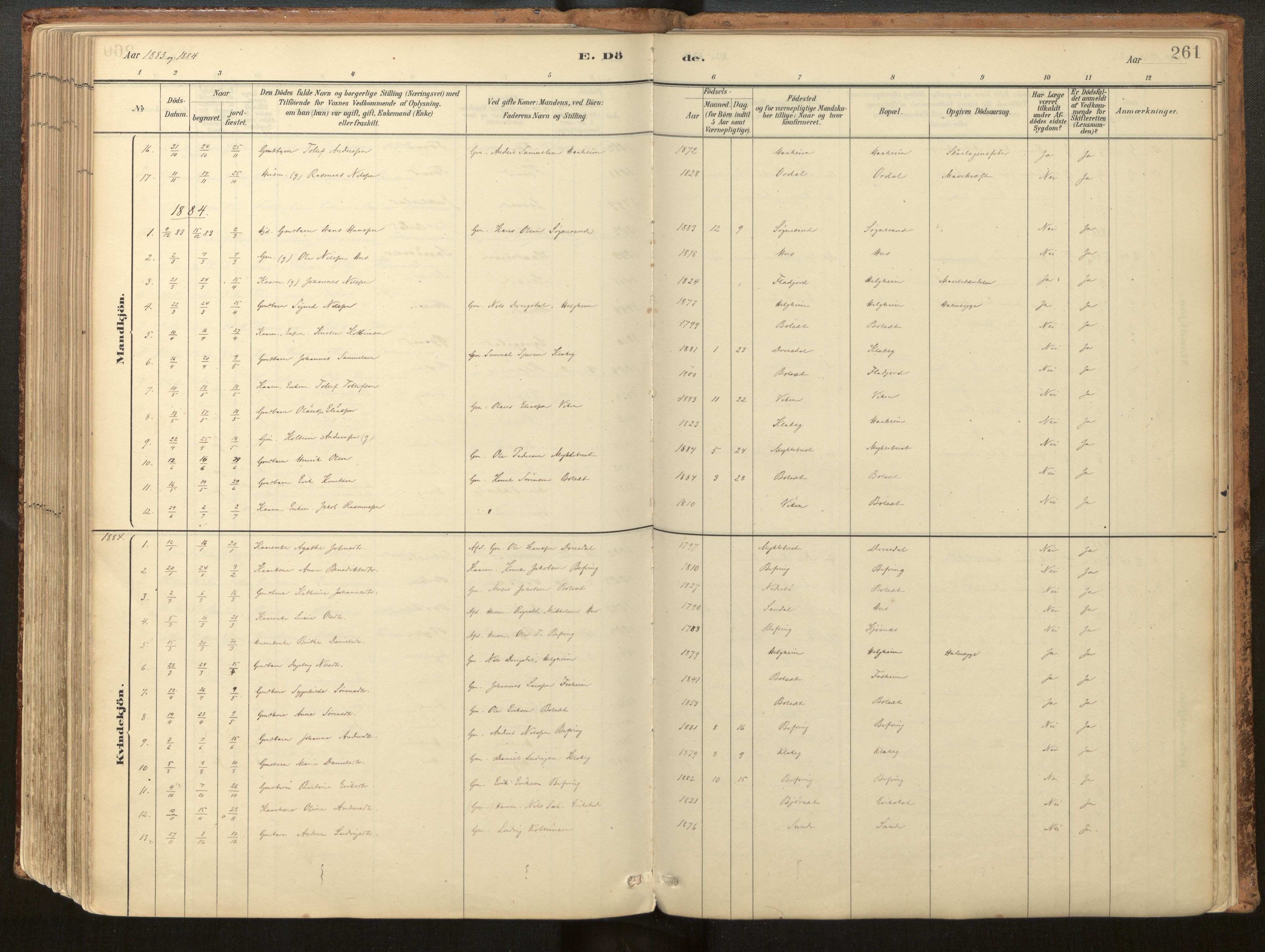 Jølster sokneprestembete, SAB/A-80701/H/Haa/Haac/L0001: Parish register (official) no. C 1, 1882-1928, p. 261