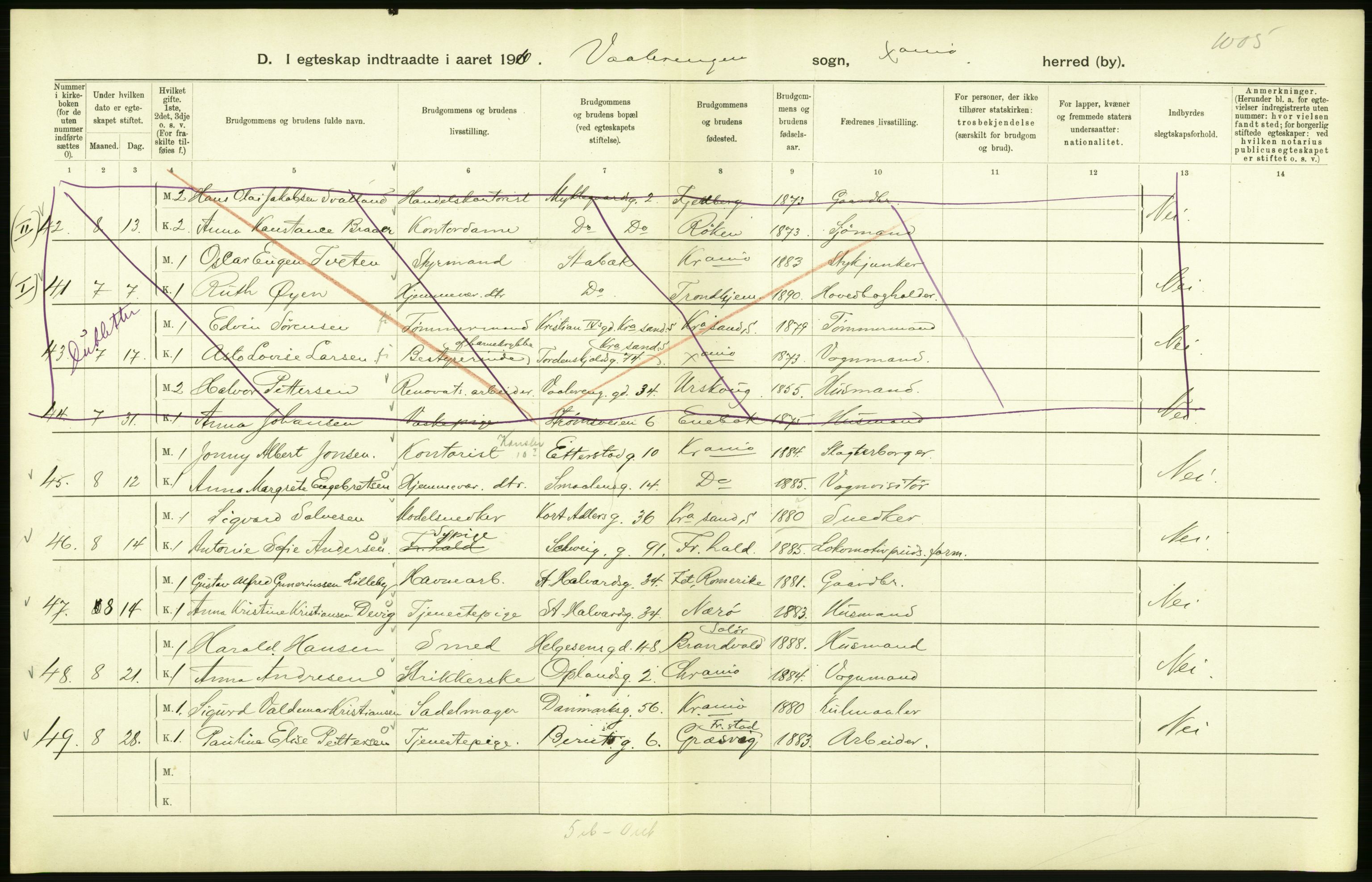 Statistisk sentralbyrå, Sosiodemografiske emner, Befolkning, AV/RA-S-2228/D/Df/Dfa/Dfah/L0009: Kristiania: Gifte og dødfødte., 1910, p. 44