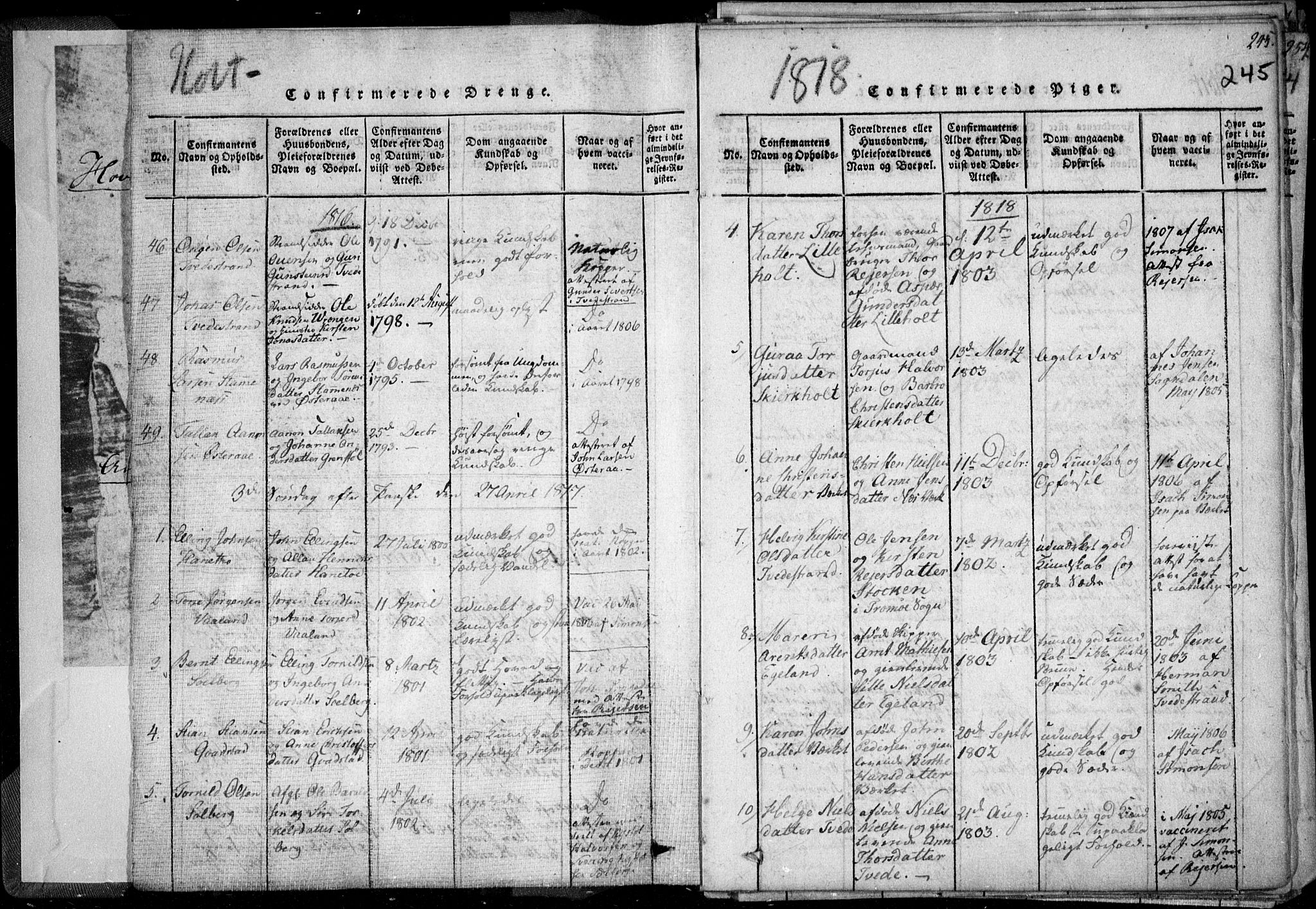 Holt sokneprestkontor, SAK/1111-0021/F/Fa/L0005: Parish register (official) no. A 5, 1813-1821, p. 245