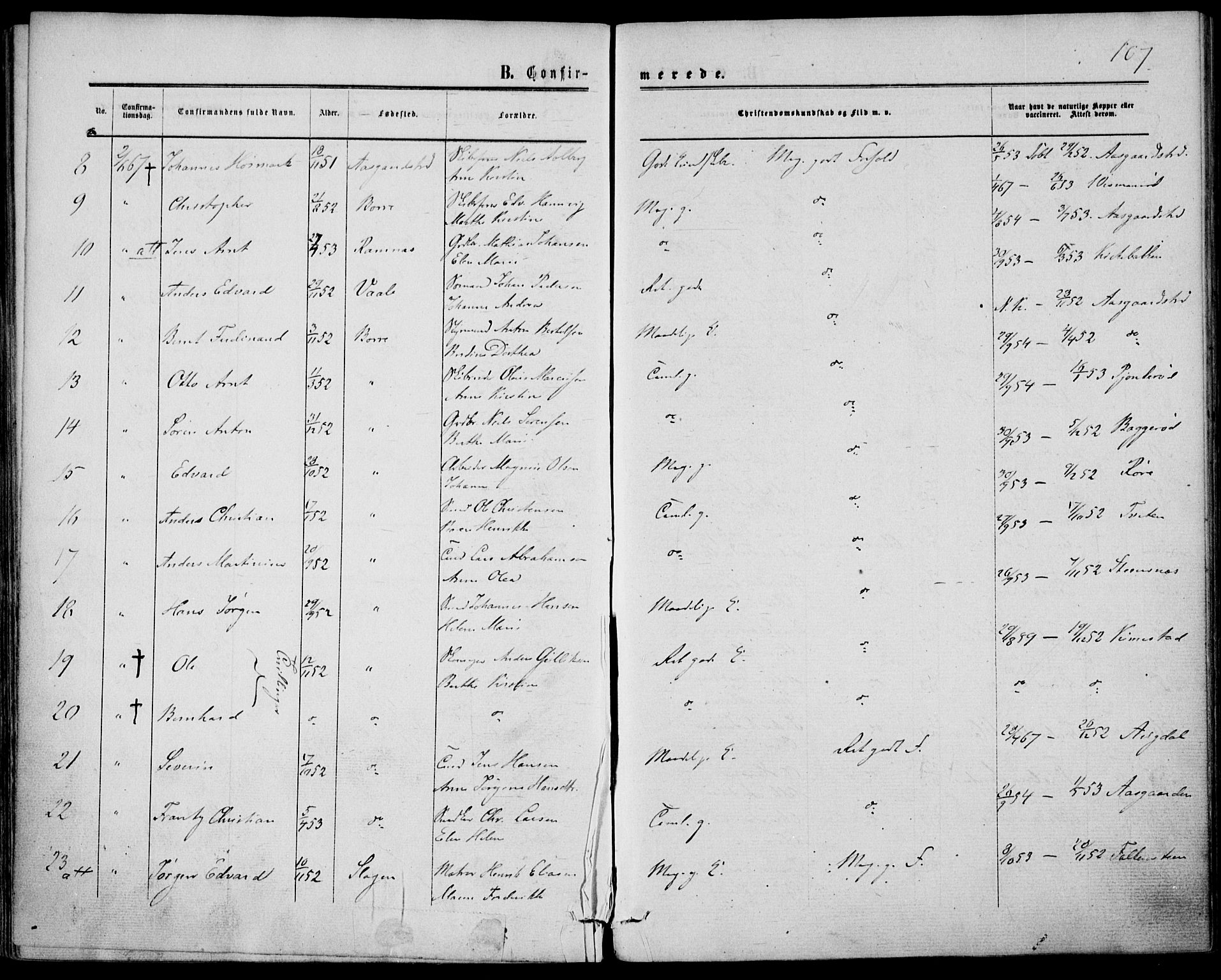Borre kirkebøker, SAKO/A-338/F/Fa/L0007: Parish register (official) no. I 7, 1862-1867, p. 107