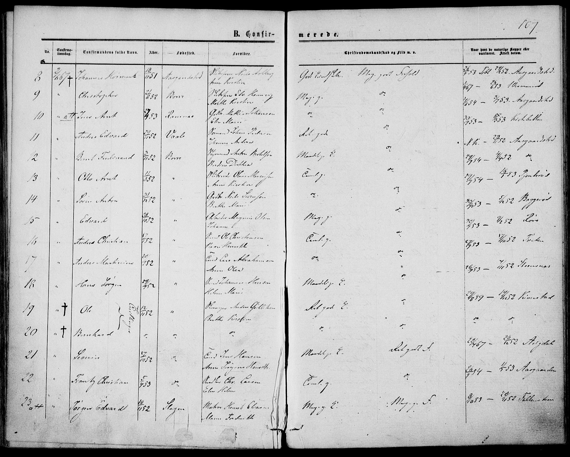 Borre kirkebøker, AV/SAKO-A-338/F/Fa/L0007: Parish register (official) no. I 7, 1862-1867, p. 107