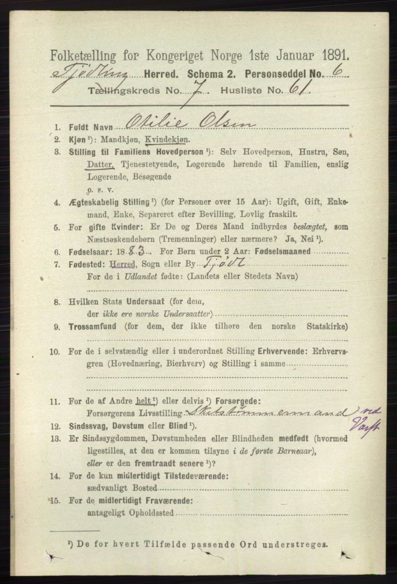RA, 1891 census for 0725 Tjølling, 1891, p. 4056