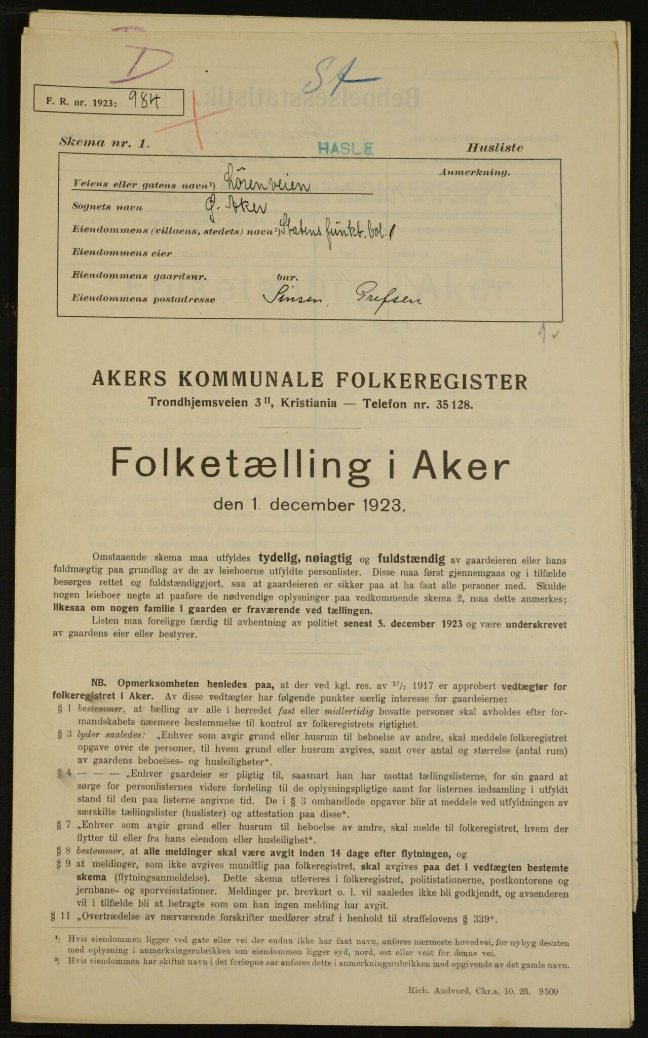 , Municipal Census 1923 for Aker, 1923, p. 28831