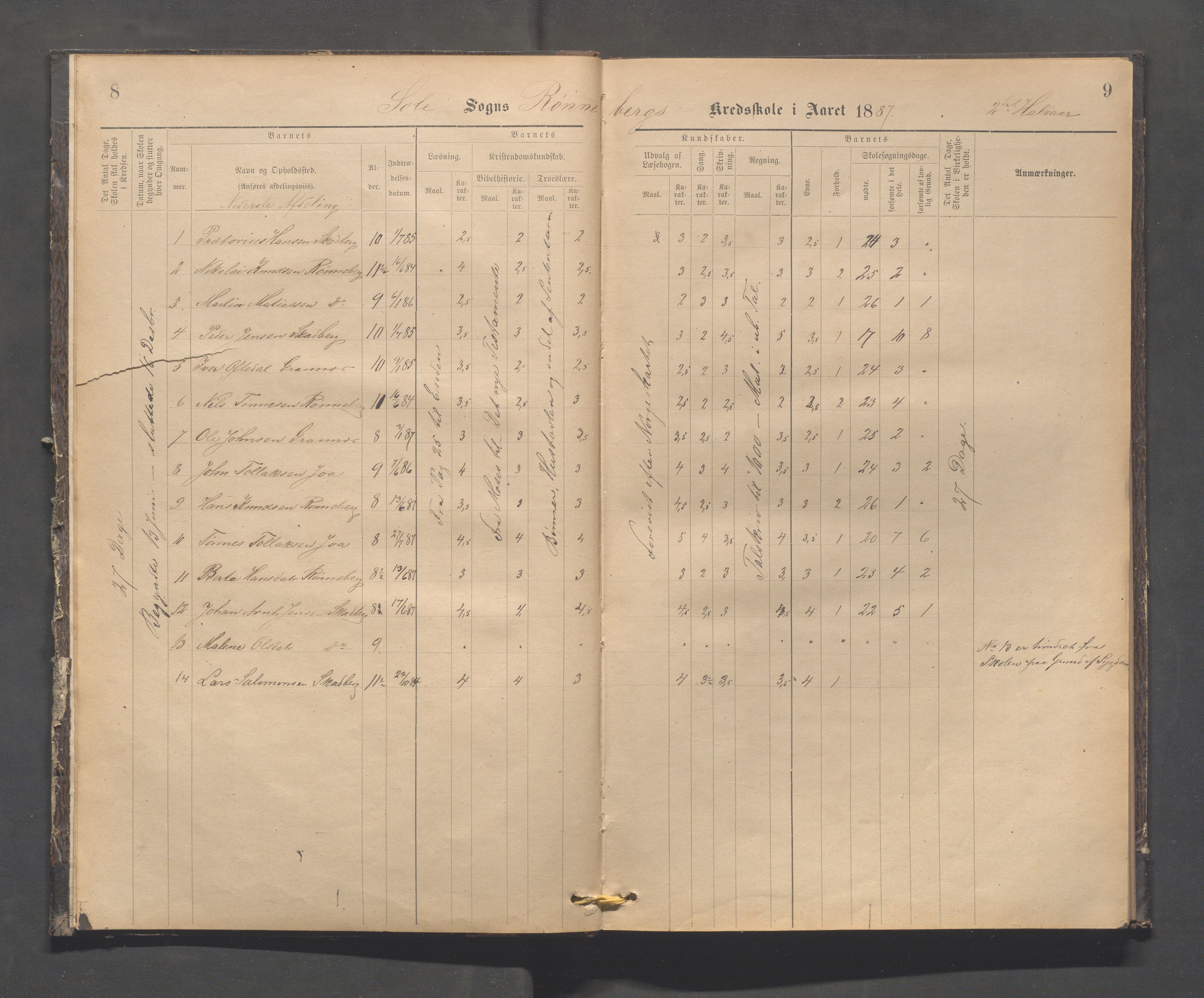 Håland kommune - Røyneberg skole, IKAR/A-1227/H/L0002: Skoleprotokoll - Røyneberg, Stangeland, 1887-1892, p. 8-9