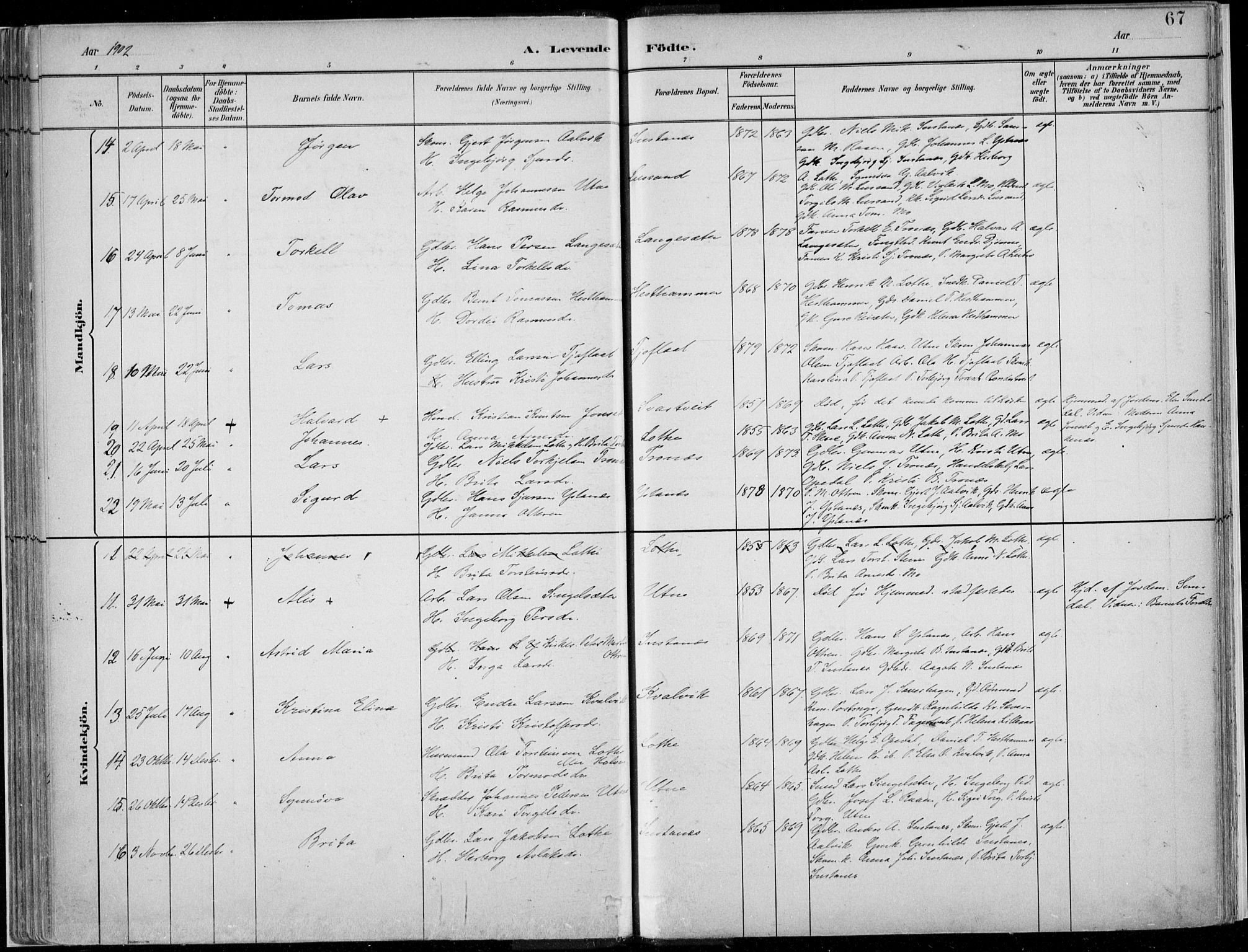 Ullensvang sokneprestembete, SAB/A-78701/H/Haa: Parish register (official) no. E  1, 1882-1921, p. 67