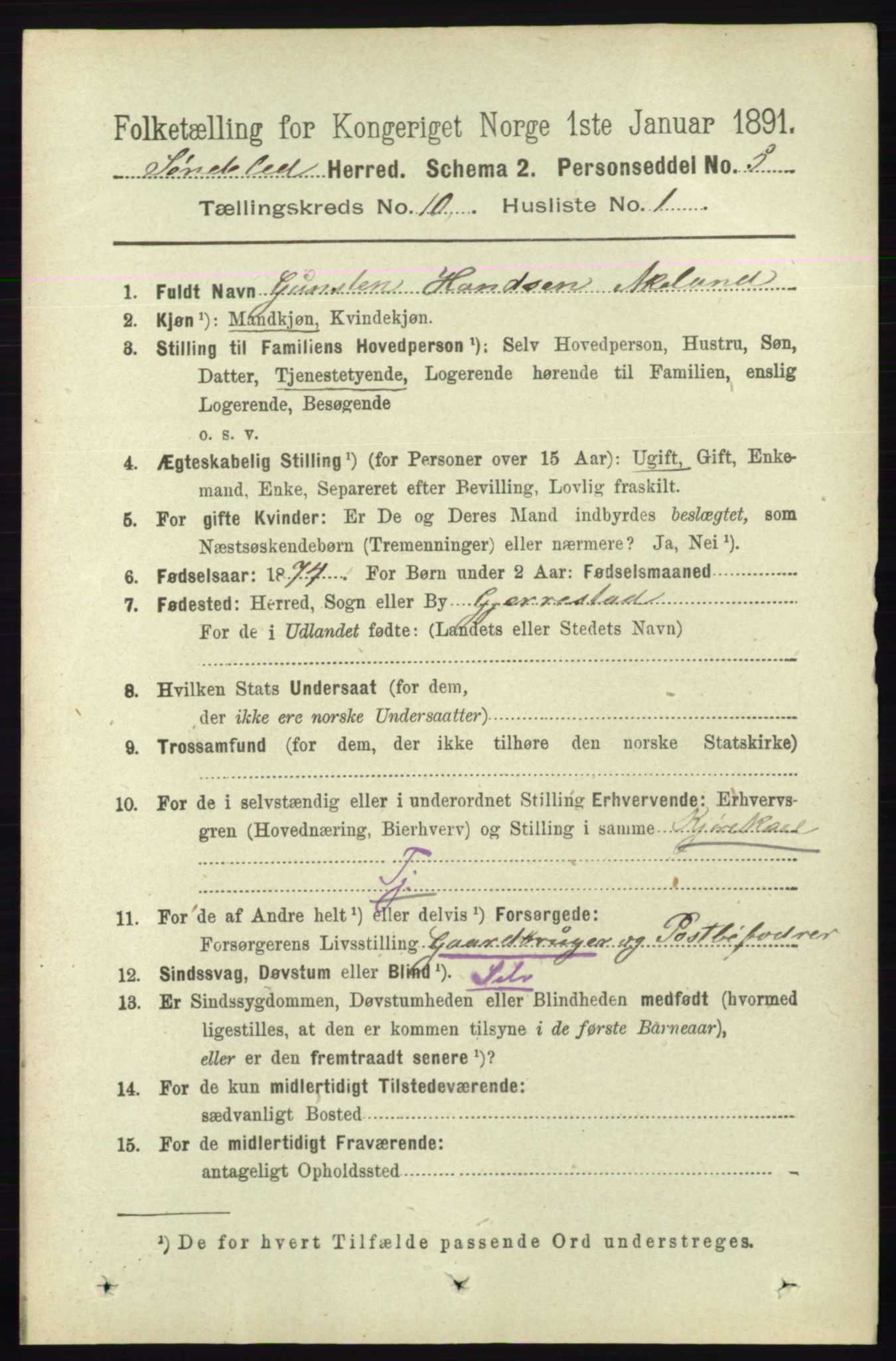 RA, 1891 census for 0913 Søndeled, 1891, p. 3069