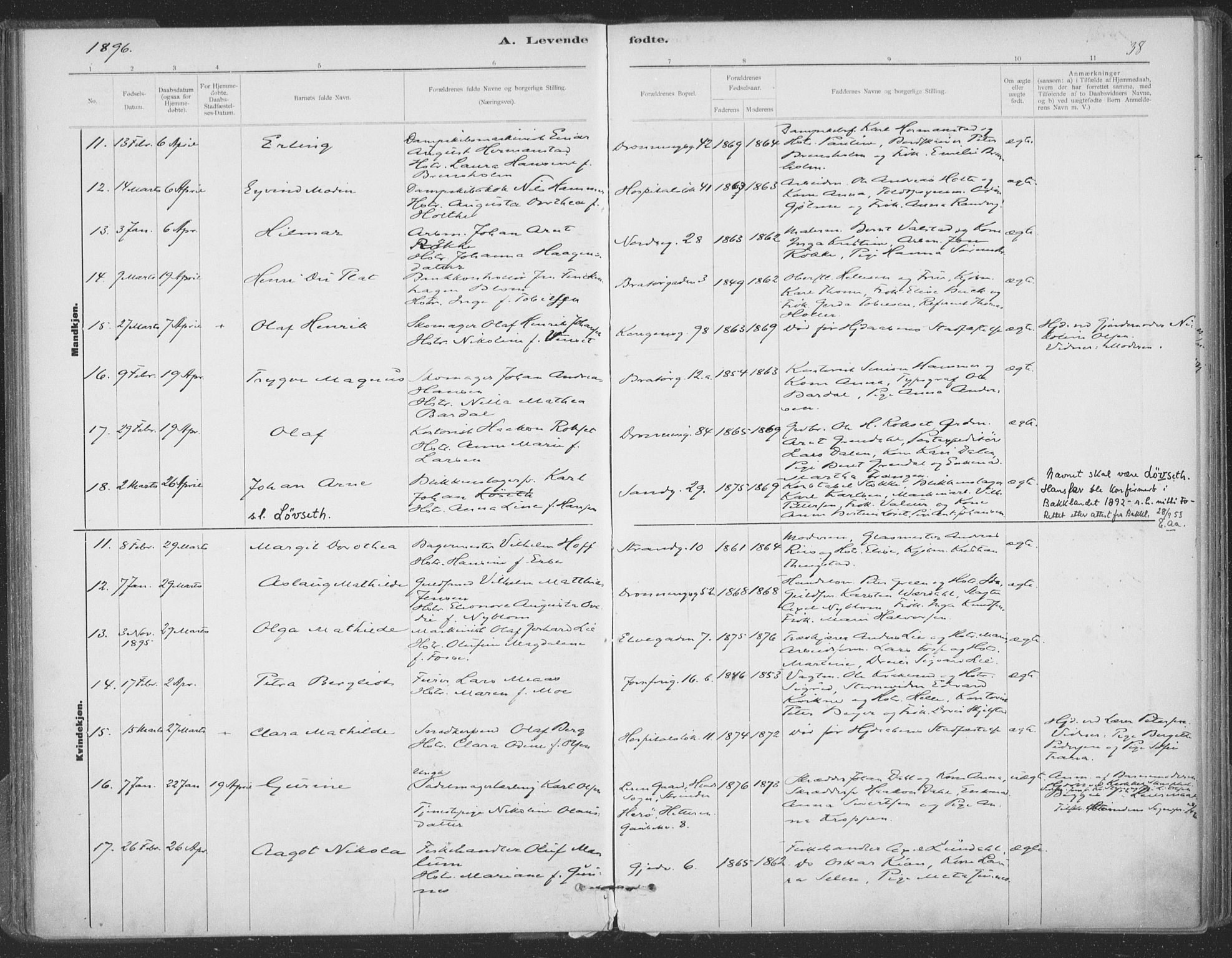 Ministerialprotokoller, klokkerbøker og fødselsregistre - Sør-Trøndelag, SAT/A-1456/602/L0122: Parish register (official) no. 602A20, 1892-1908, p. 38