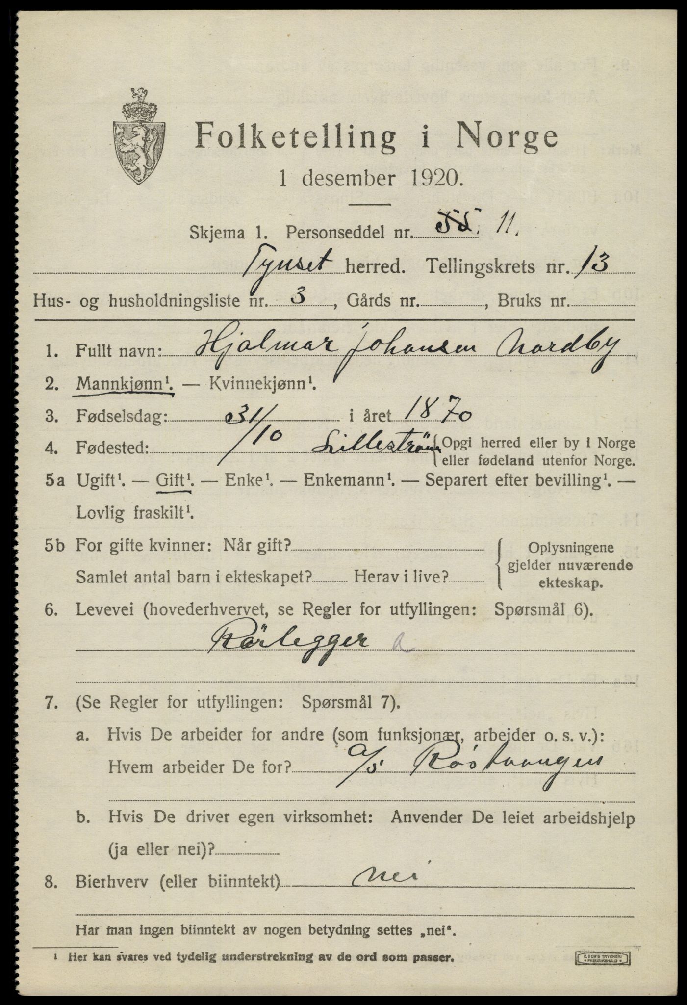 SAH, 1920 census for Tynset, 1920, p. 8608