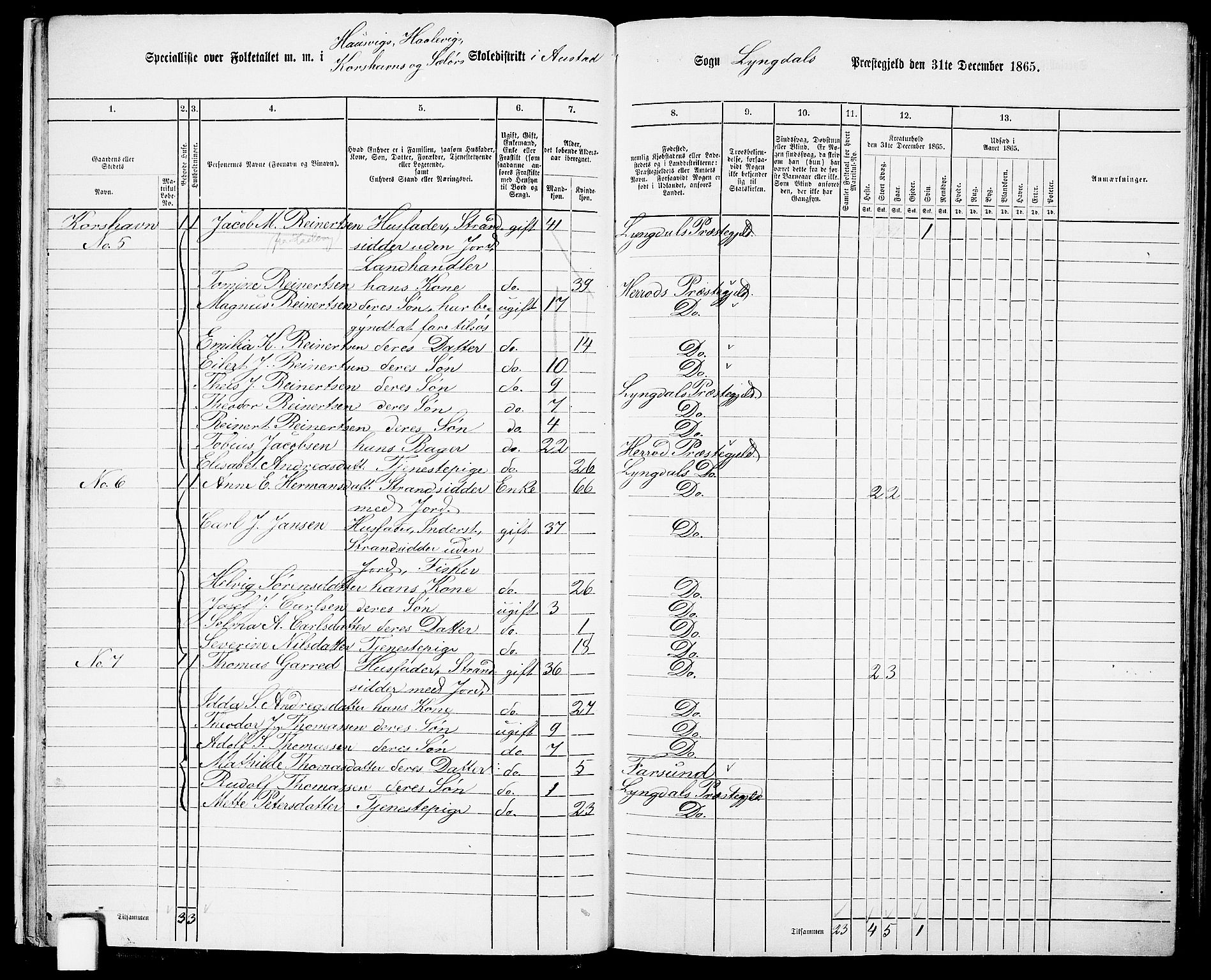 RA, 1865 census for Lyngdal, 1865, p. 26