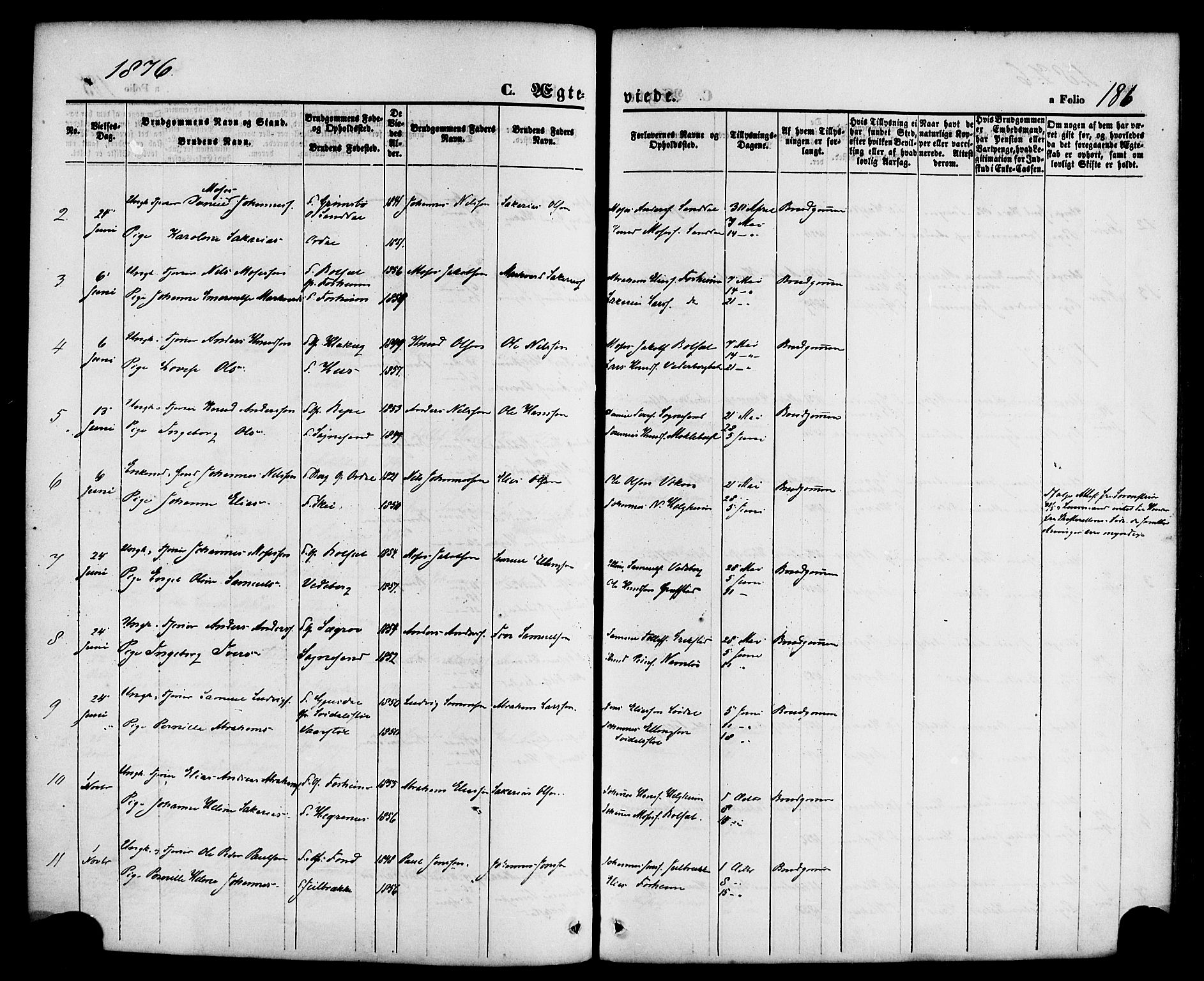 Jølster sokneprestembete, SAB/A-80701/H/Haa/Haaa/L0011: Parish register (official) no. A 11, 1866-1881, p. 186