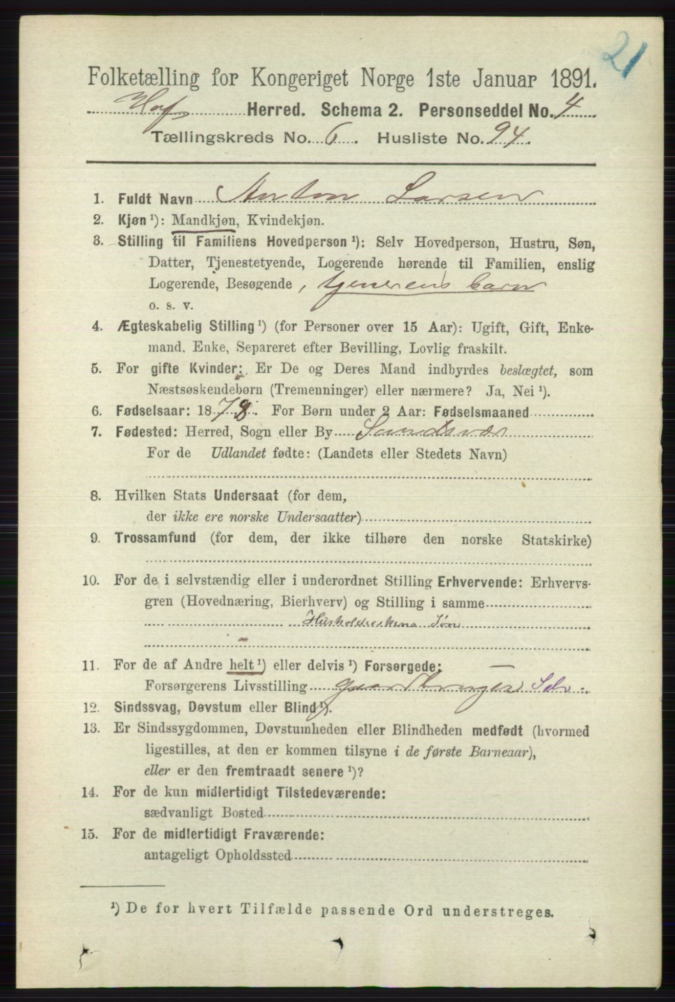 RA, 1891 census for 0714 Hof, 1891, p. 2343