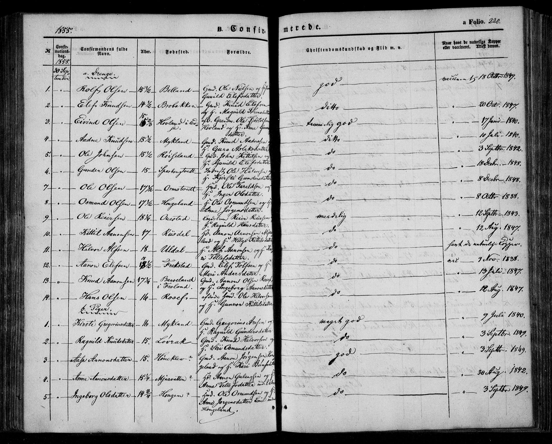 Åmli sokneprestkontor, SAK/1111-0050/F/Fa/Fac/L0008: Parish register (official) no. A 8, 1852-1869, p. 220