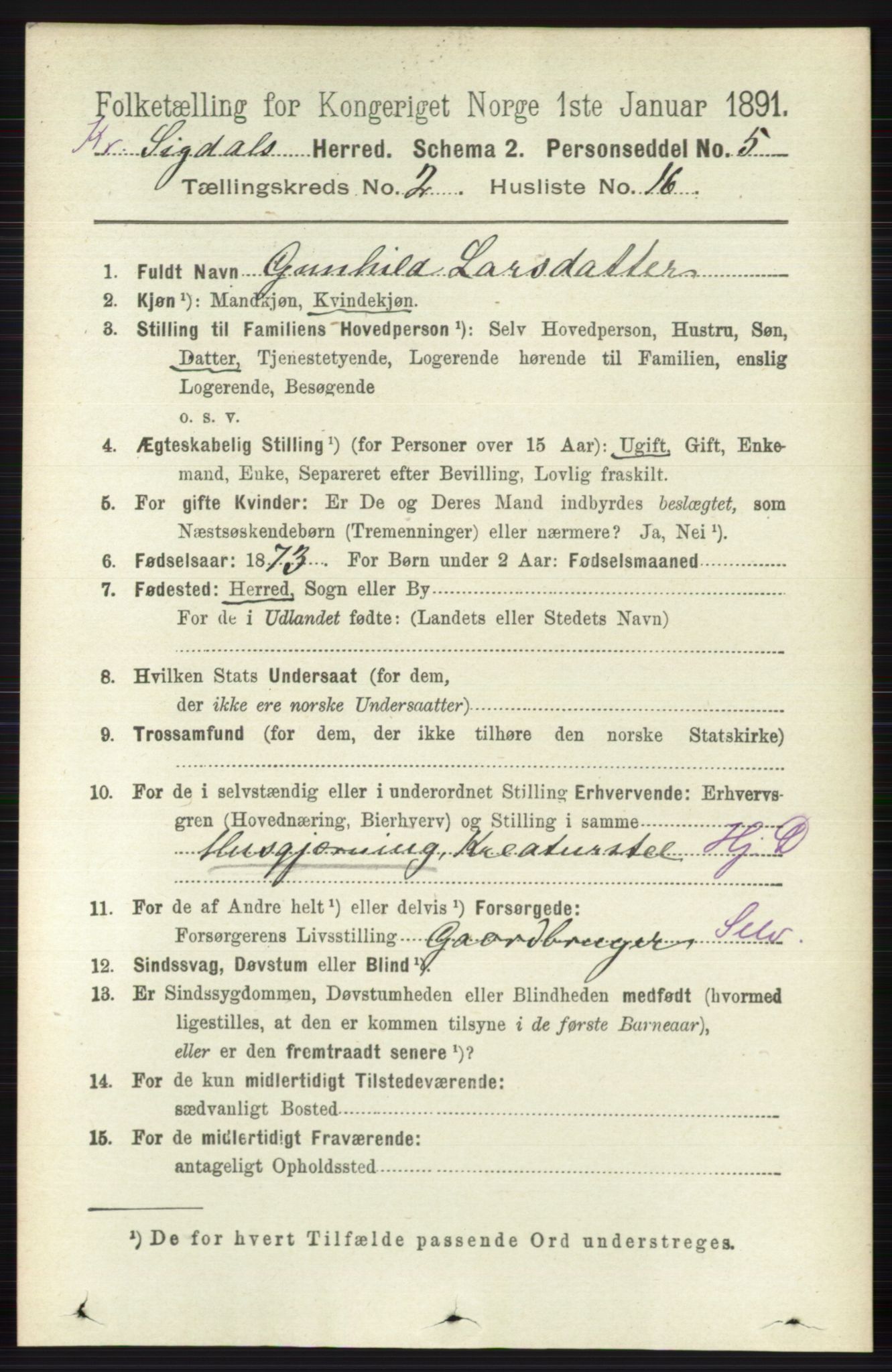 RA, 1891 census for 0621 Sigdal, 1891, p. 5432