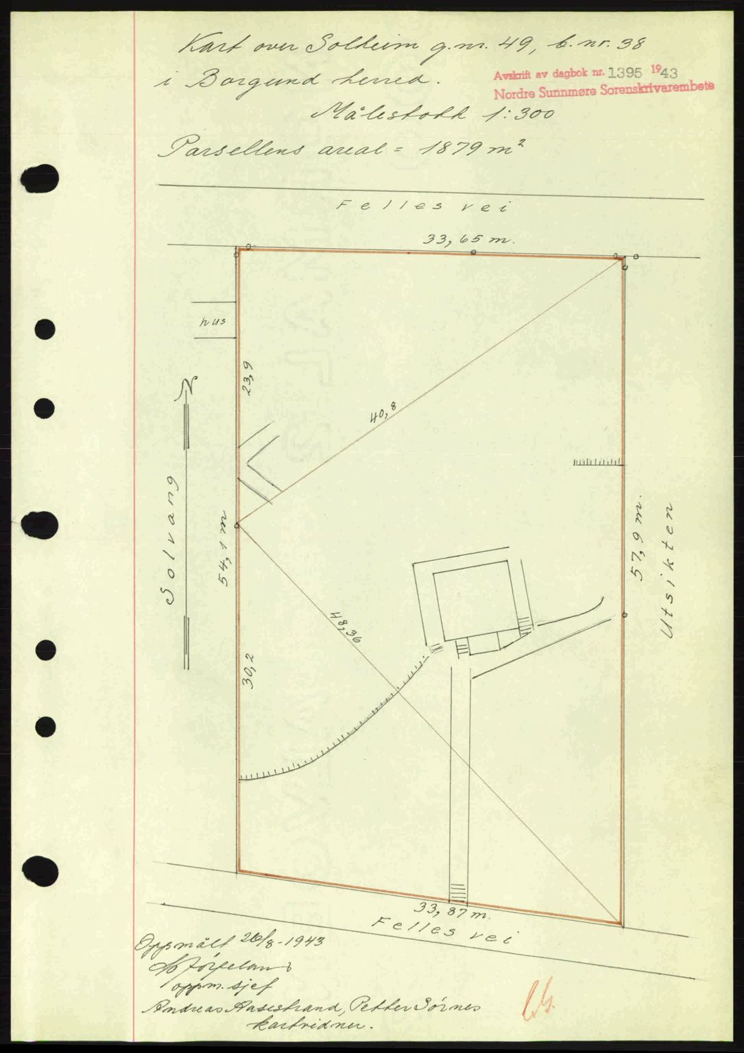 Nordre Sunnmøre sorenskriveri, AV/SAT-A-0006/1/2/2C/2Ca: Mortgage book no. A16, 1943-1943, Diary no: : 1395/1943