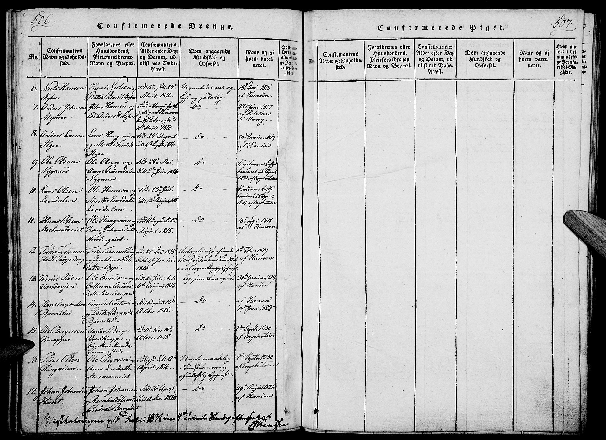 Nord-Odal prestekontor, AV/SAH-PREST-032/H/Ha/Haa/L0001: Parish register (official) no. 1, 1819-1838, p. 506-507