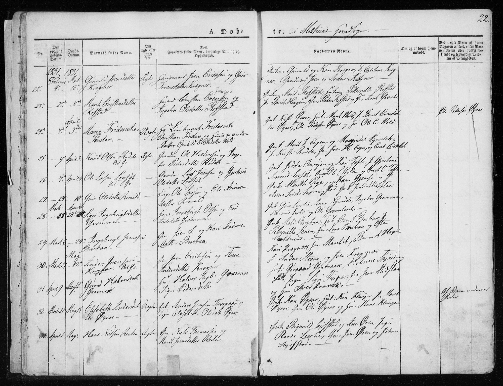 Ministerialprotokoller, klokkerbøker og fødselsregistre - Sør-Trøndelag, AV/SAT-A-1456/691/L1069: Parish register (official) no. 691A04, 1826-1841, p. 22