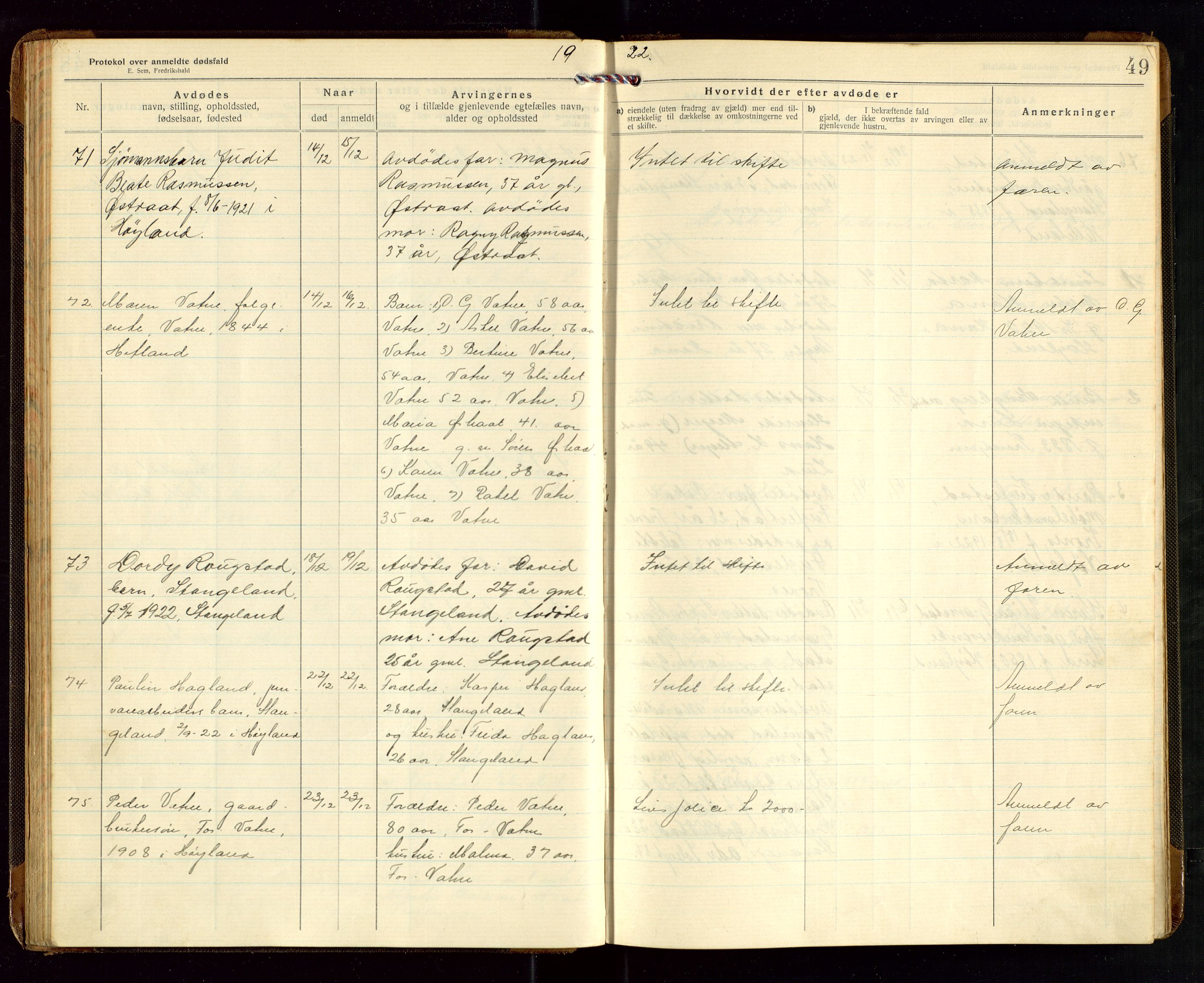 Høyland/Sandnes lensmannskontor, AV/SAST-A-100166/Gga/L0005: "Protkokol over anmeldte dødsfald i Høylands lensmandsdistrikt", 1920-1926, p. 49