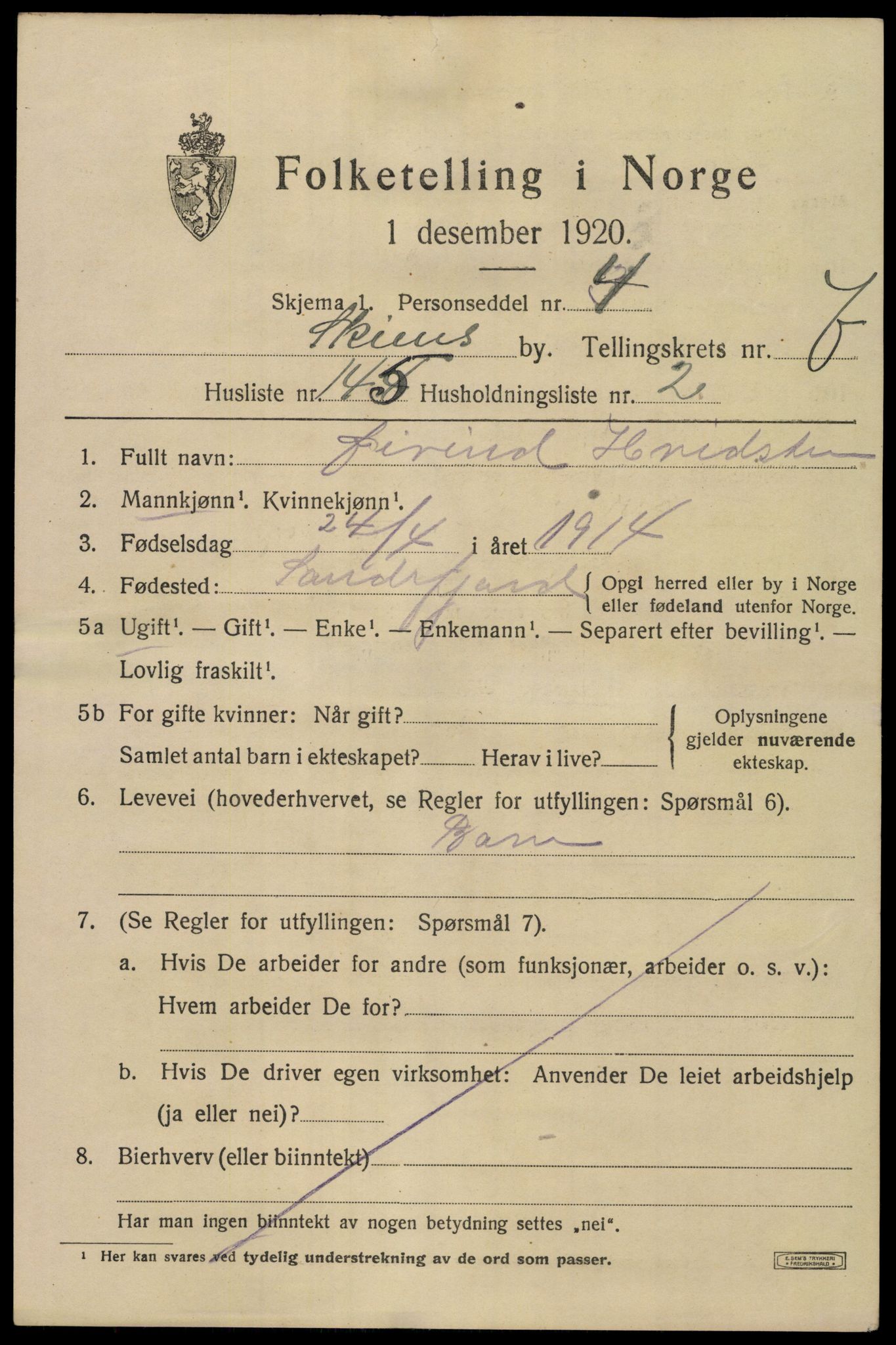 SAKO, 1920 census for Skien, 1920, p. 27328