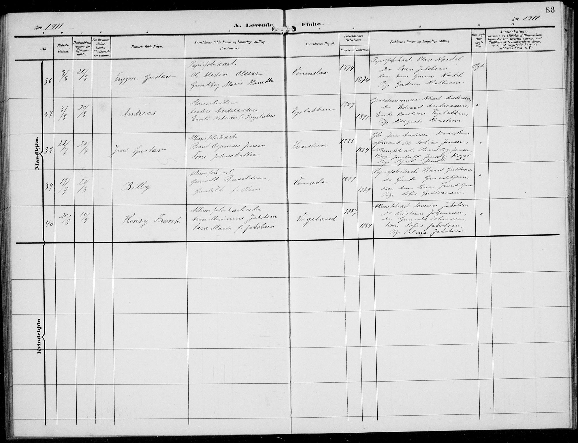 Vennesla sokneprestkontor, AV/SAK-1111-0045/Fb/Fbb/L0005: Parish register (copy) no. B 5, 1903-1913, p. 83