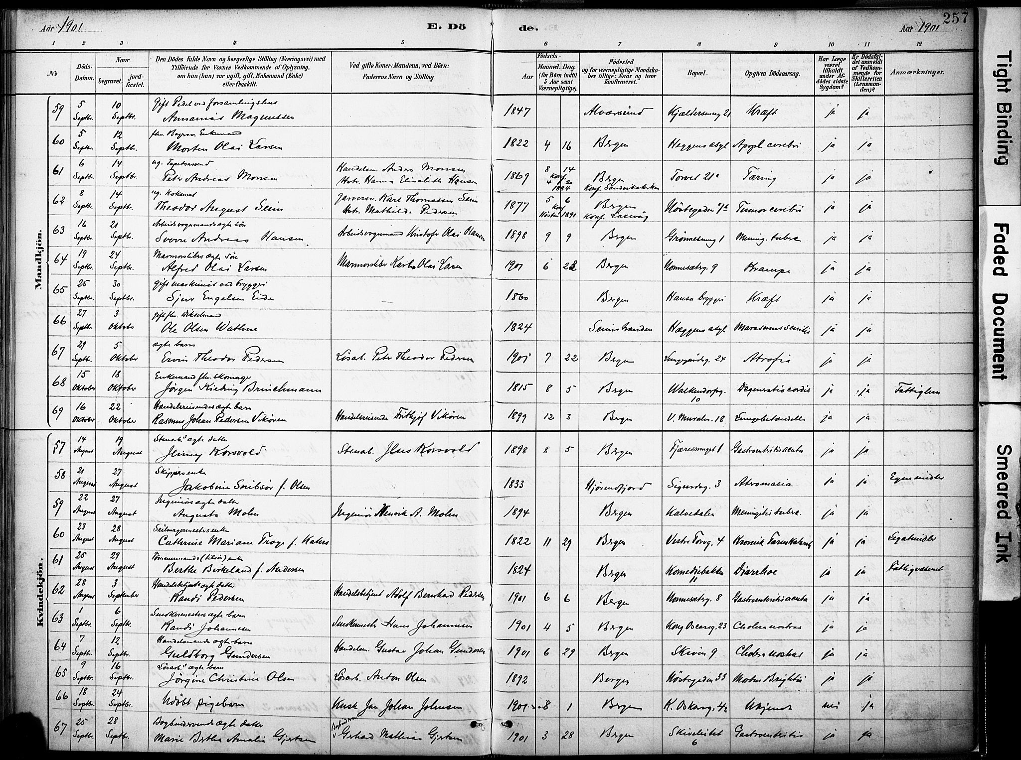 Domkirken sokneprestembete, AV/SAB-A-74801/H/Haa/L0043: Parish register (official) no. E 5, 1882-1904, p. 257