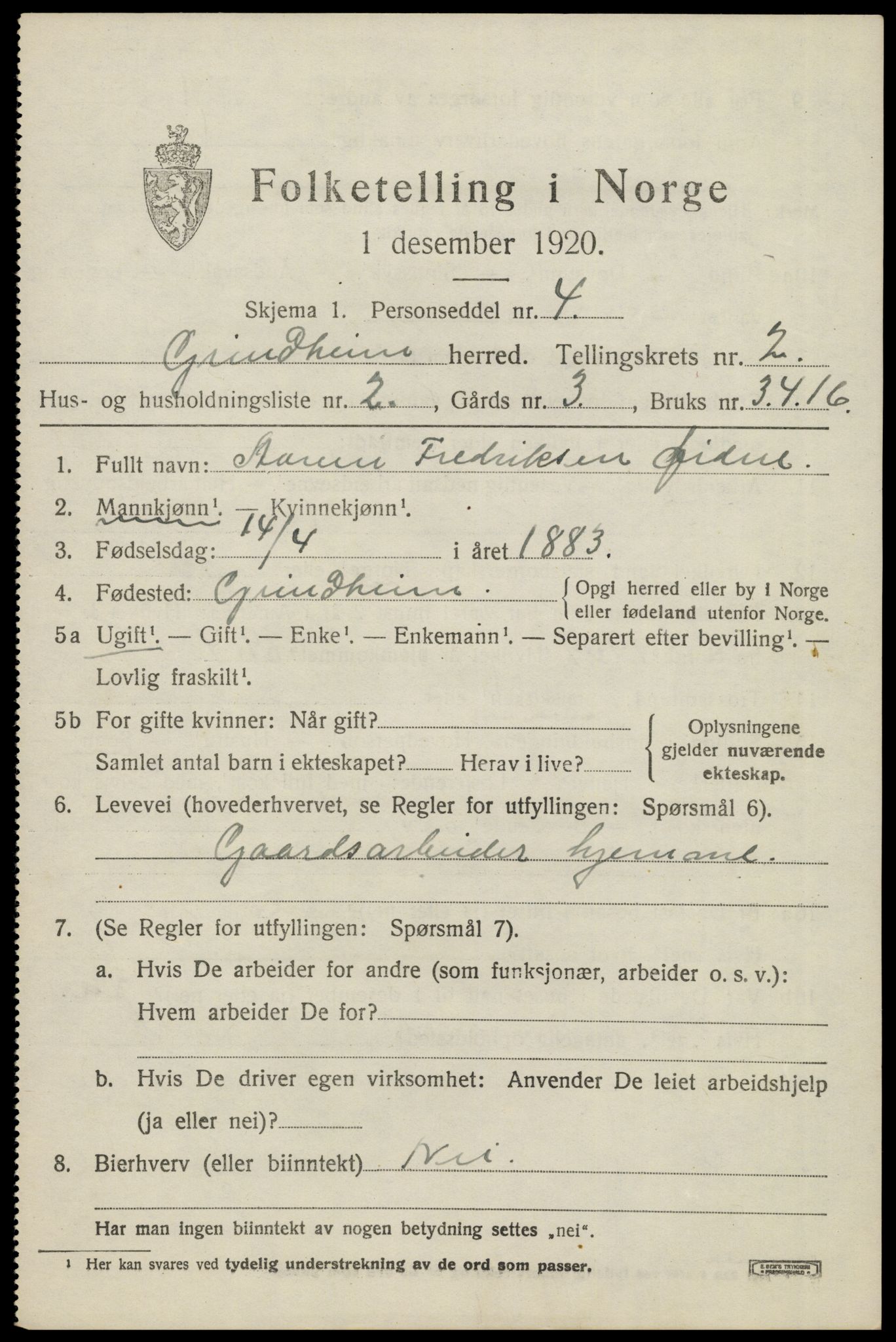 SAK, 1920 census for Grindheim, 1920, p. 573