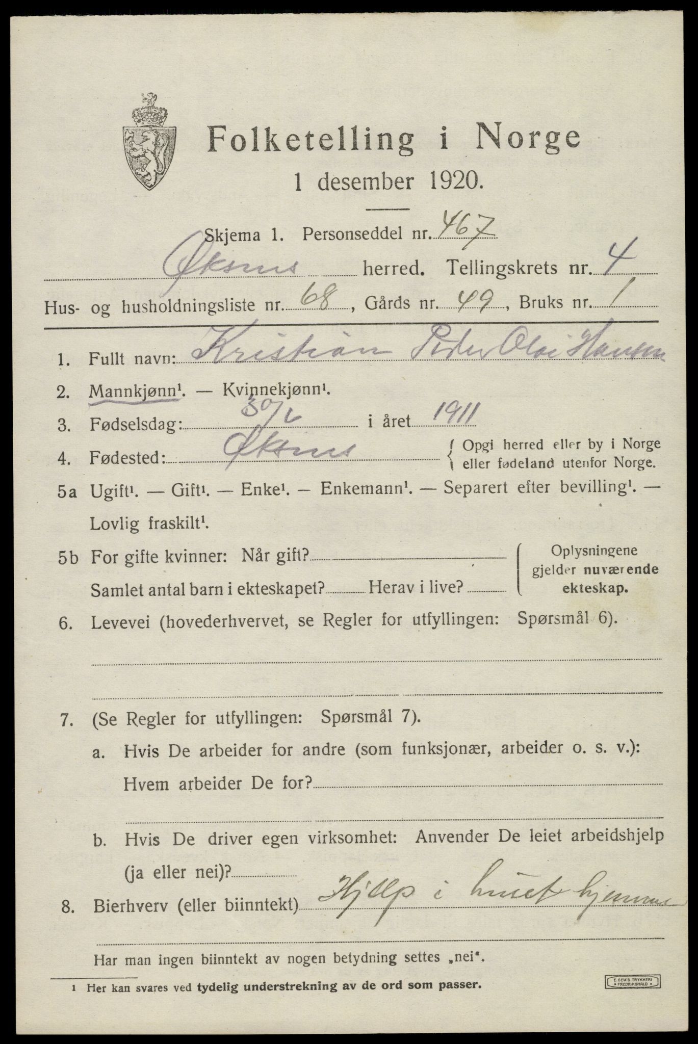 SAT, 1920 census for Øksnes, 1920, p. 3778