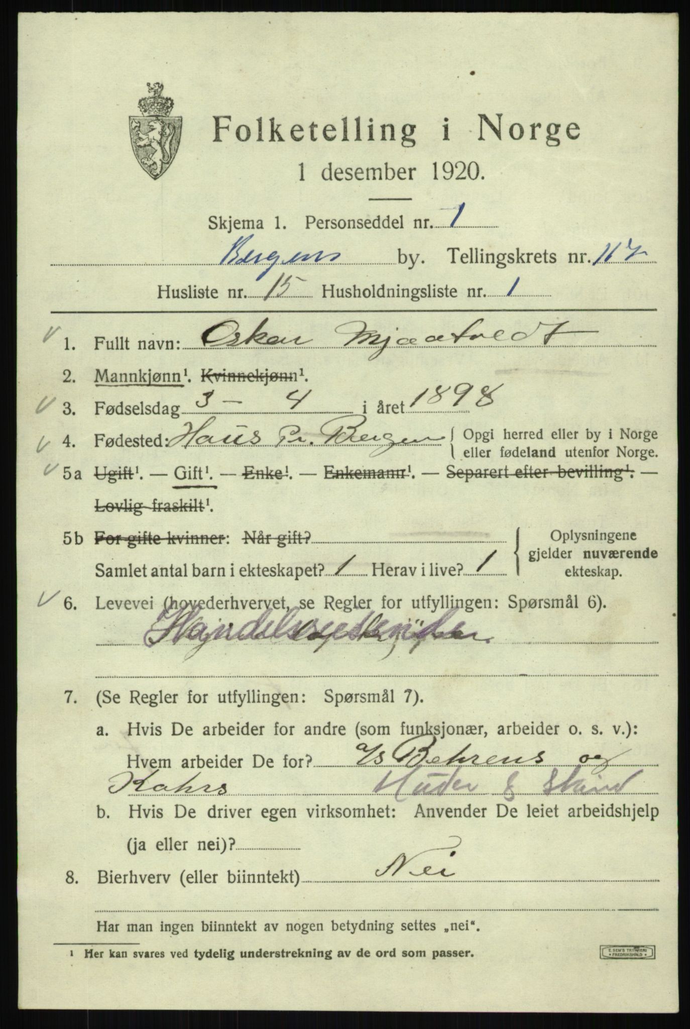 SAB, 1920 census for Bergen, 1920, p. 198355