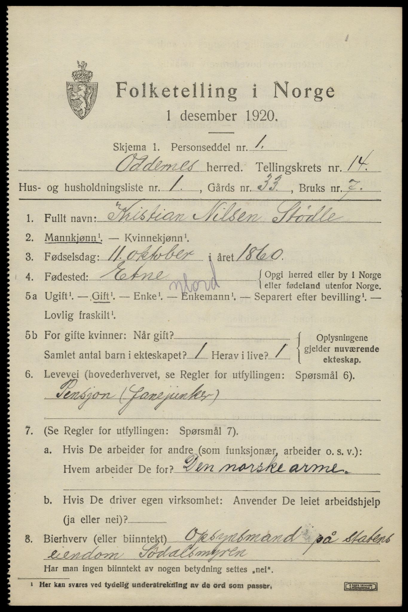 SAK, 1920 census for Oddernes, 1920, p. 8401