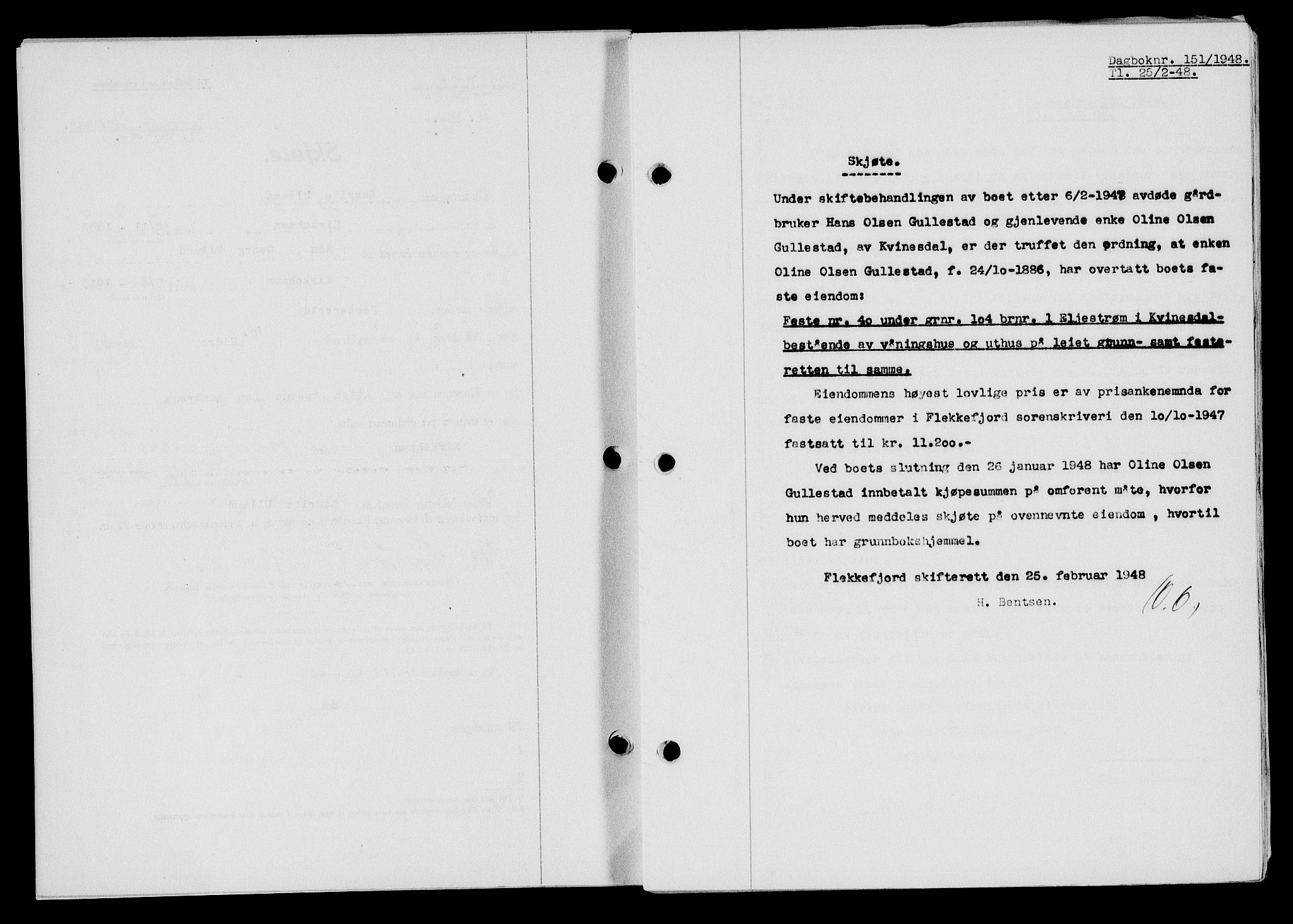 Flekkefjord sorenskriveri, SAK/1221-0001/G/Gb/Gba/L0063: Mortgage book no. A-11, 1947-1948, Diary no: : 151/1948