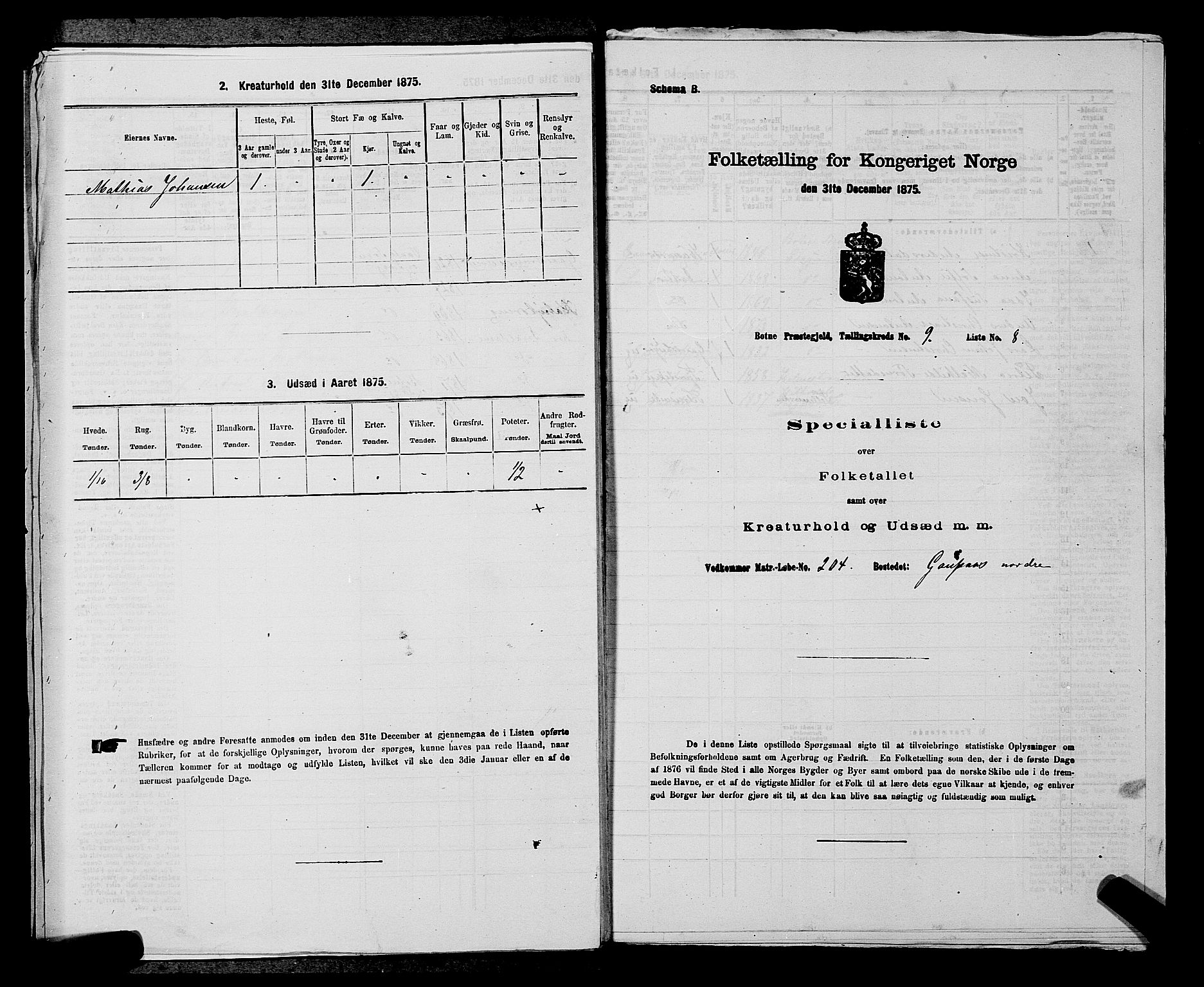 SAKO, 1875 census for 0715P Botne, 1875, p. 734