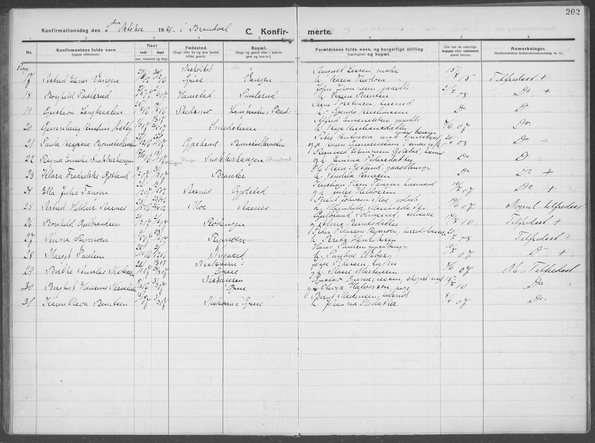 Brandval prestekontor, AV/SAH-PREST-034/H/Ha/Haa/L0004: Parish register (official) no. 4, 1910-1924, p. 202