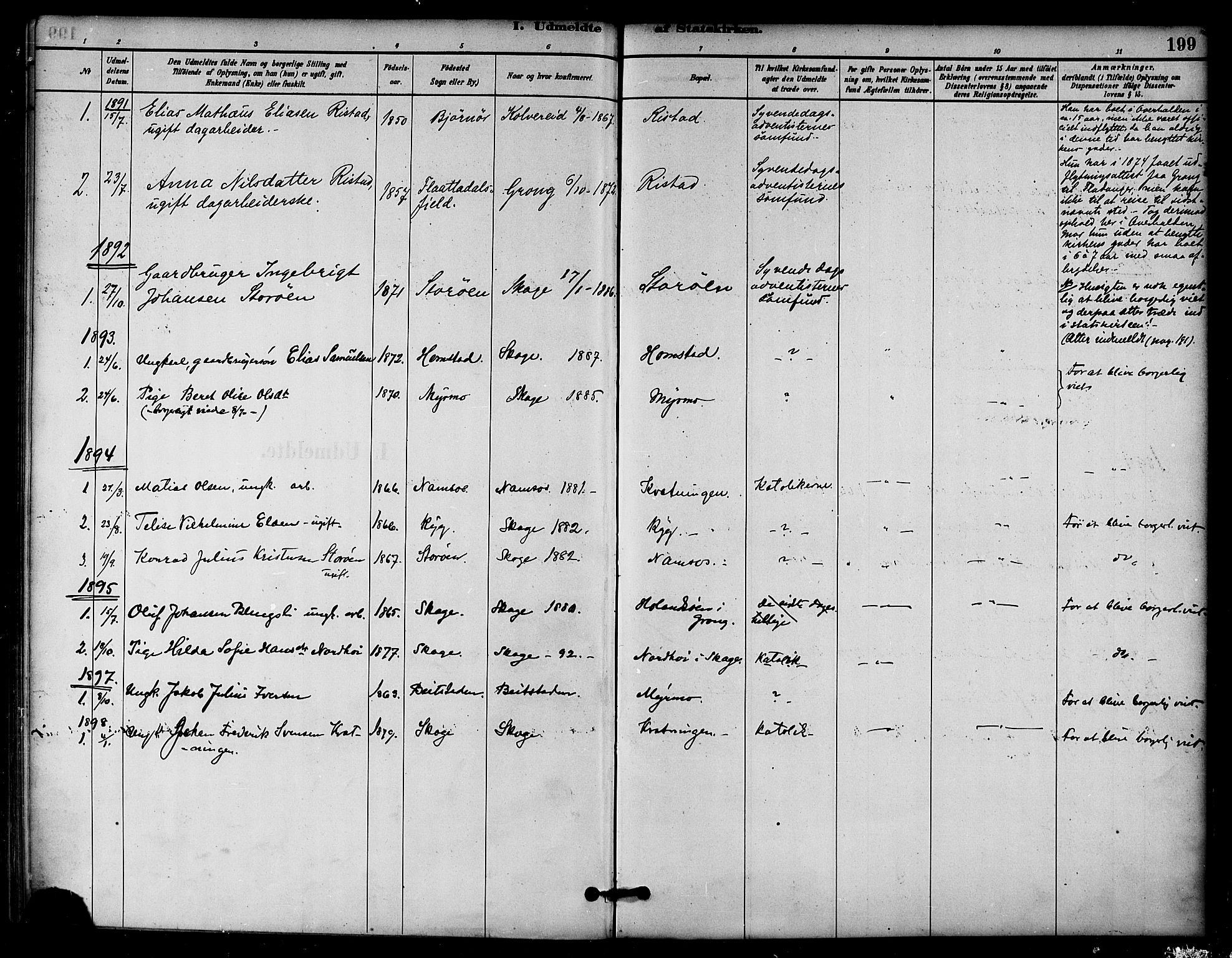 Ministerialprotokoller, klokkerbøker og fødselsregistre - Nord-Trøndelag, SAT/A-1458/766/L0563: Parish register (official) no. 767A01, 1881-1899, p. 199