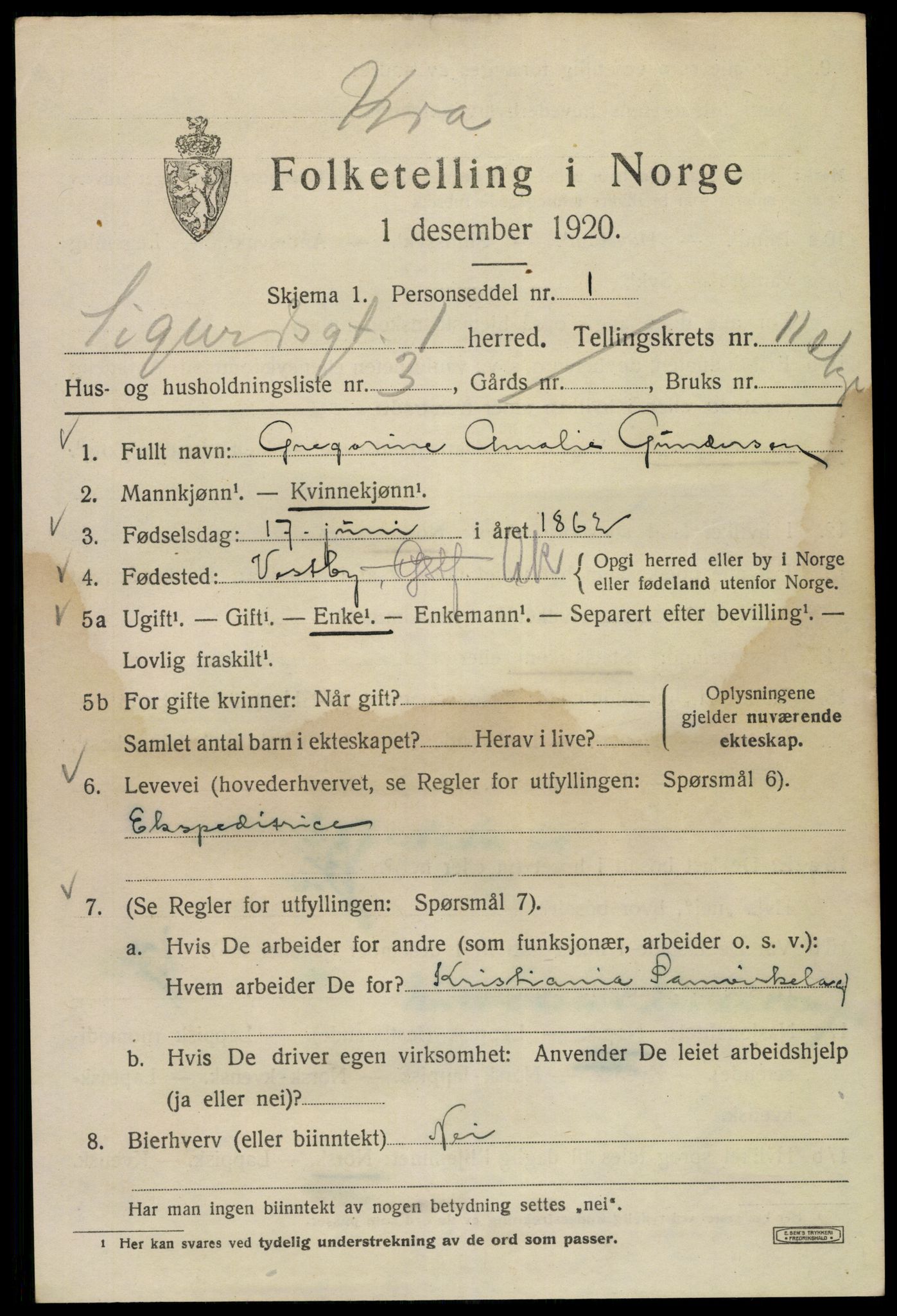 SAO, 1920 census for Kristiania, 1920, p. 510095