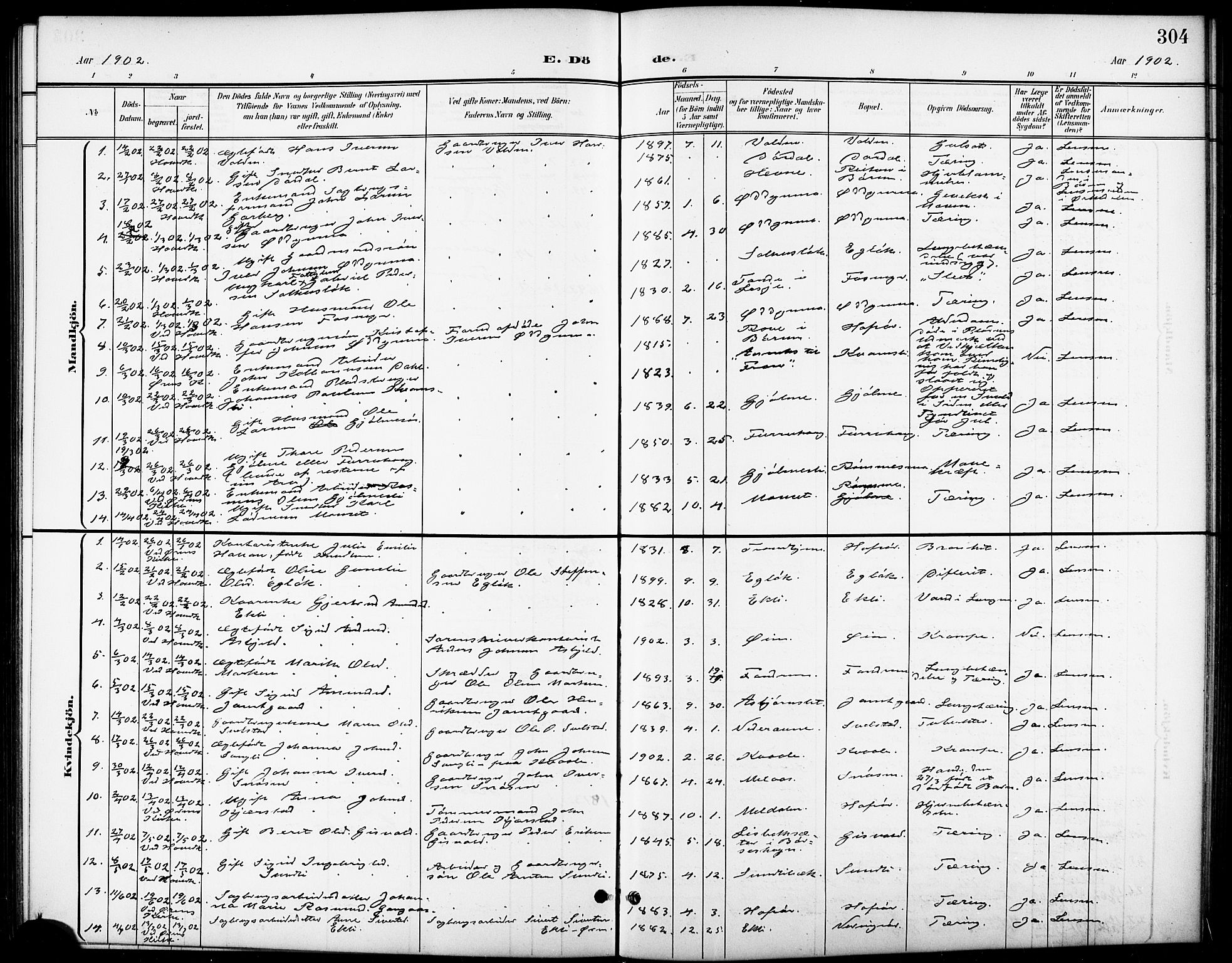 Ministerialprotokoller, klokkerbøker og fødselsregistre - Sør-Trøndelag, SAT/A-1456/668/L0819: Parish register (copy) no. 668C08, 1899-1912, p. 304