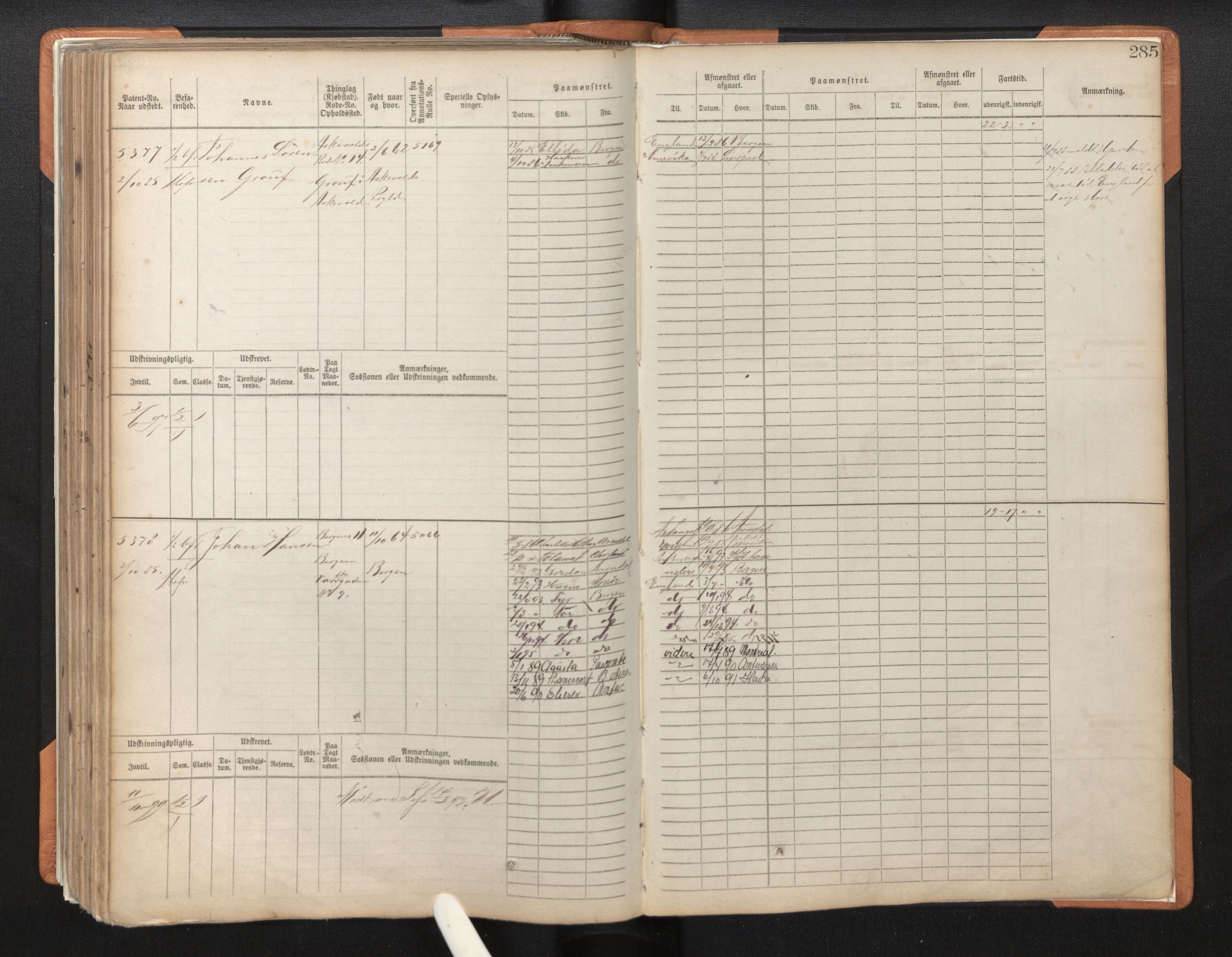 Innrulleringssjefen i Bergen, AV/SAB-A-100050/F/Fc/L0008: Sjøfartshovedrulle, nr. 4805 - 5390, 1882-1889, p. 285